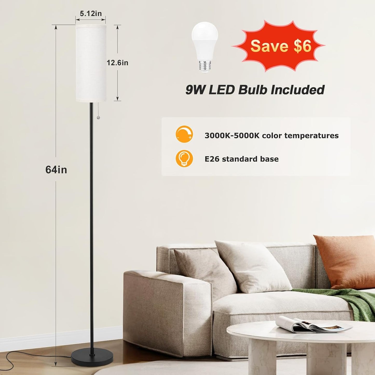 Ambimall Floor Lamp with 3 Color Temperatures Bulb Set of 2, 64" Standing lamp with Linen lampshade for Bedroom, Minimalist Pole Lamp, Beige Shade & Black Pole