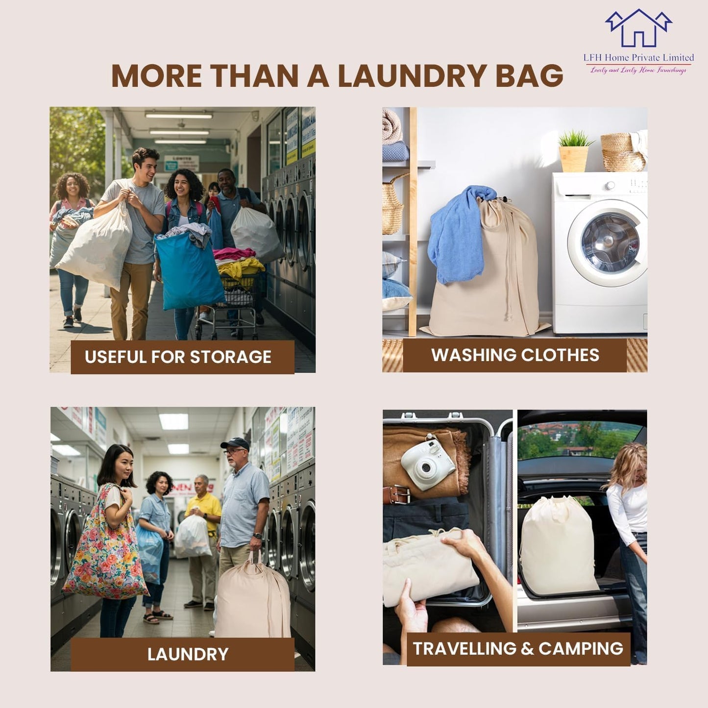 LFH Home Large Premium 100% Cotton Canvas Laundry Bag with Drawstring and Handles Heavy Duty, Multi-Use, and Washable for Home, Travel, College or Storage 28x36 (Pack of 6)-Natural