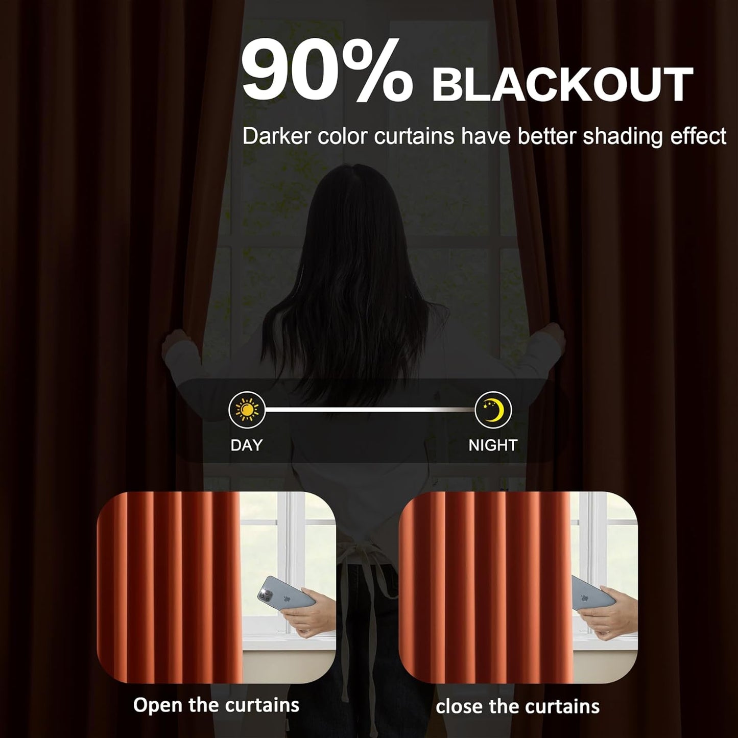KEQIAOSUOCAI Burnt Orange Blackout Pleated Curtains Short 2 Panels Set 45 Inch Length for Small Windows, Pinch Pleat with Hooks, Boho Muted Ochre Orange Curtain for Bedroom W40 x L45
