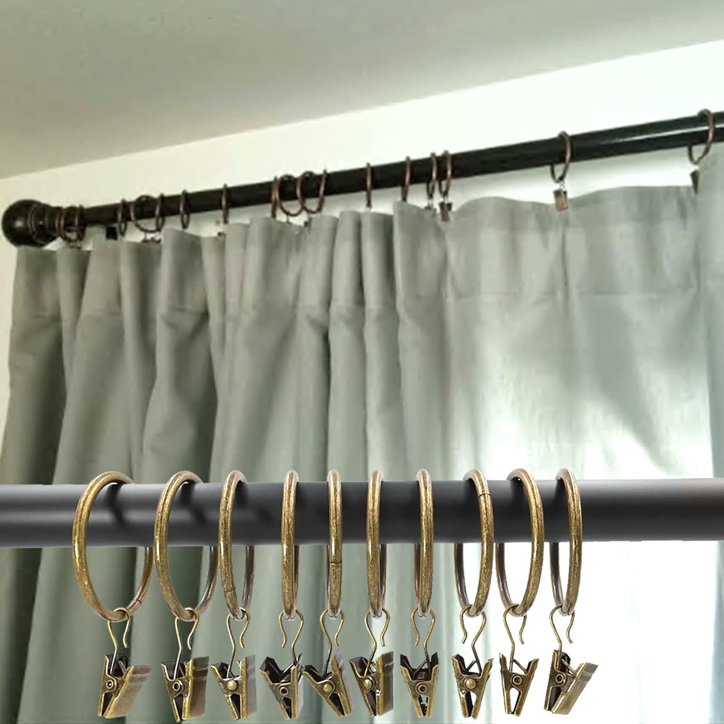 WeeksEight 40 Pack Bronze Curtain Rings with Clips, Curtain Hooks Hangers Clip Rings for Hanging Drapes Bows Hat, Drapery Rings 1.5 in I D, Fits up to 1.2 in Diameter Curtain Rod.