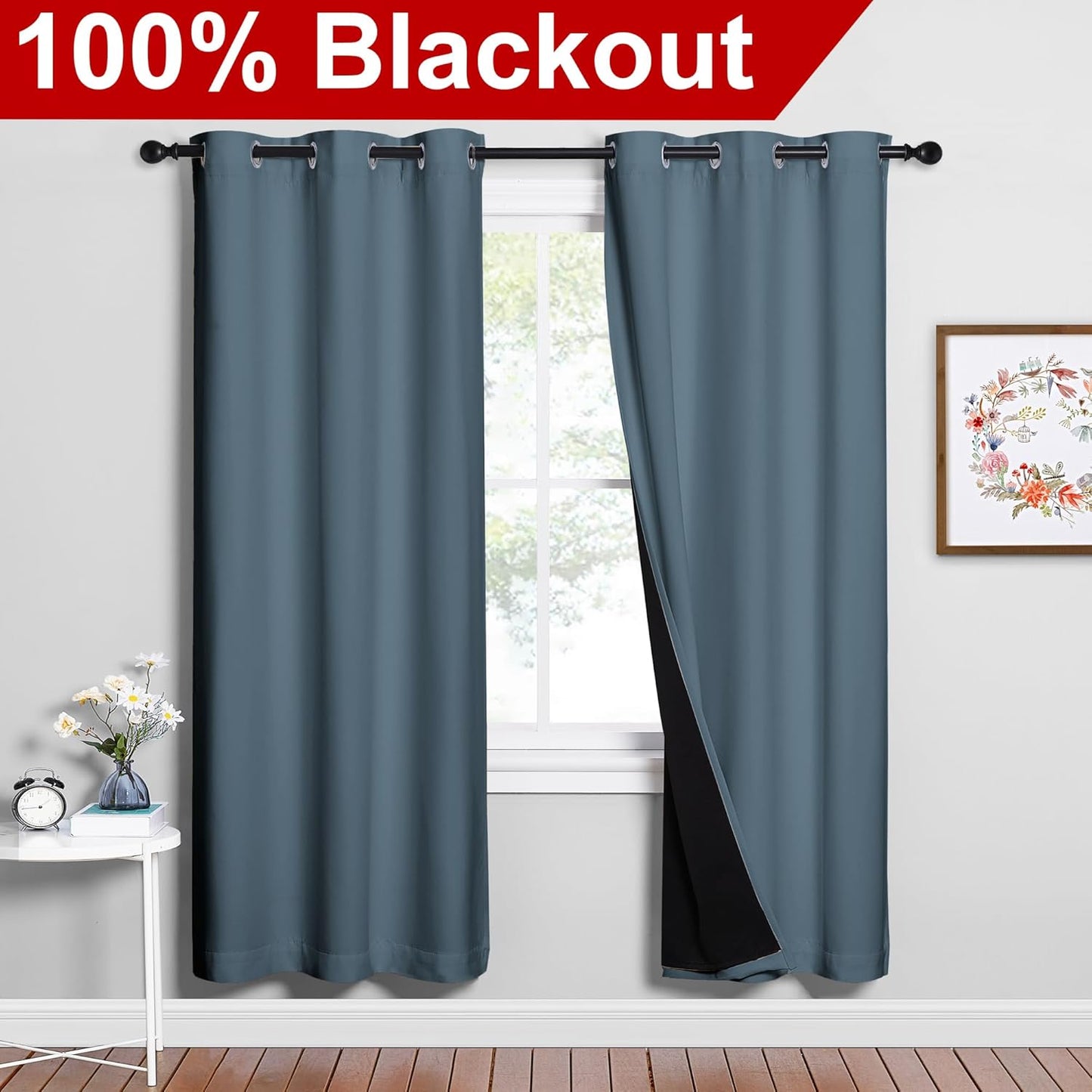 NICETOWN 100% Blackout Window Curtain Panels, Smoky Blue, 2 Pieces, 42-inch Wide Per Panel, Full Light Blocking Drapes with Black Liner for Nursery, 72-inch Drop Thermal Insulated Draperies