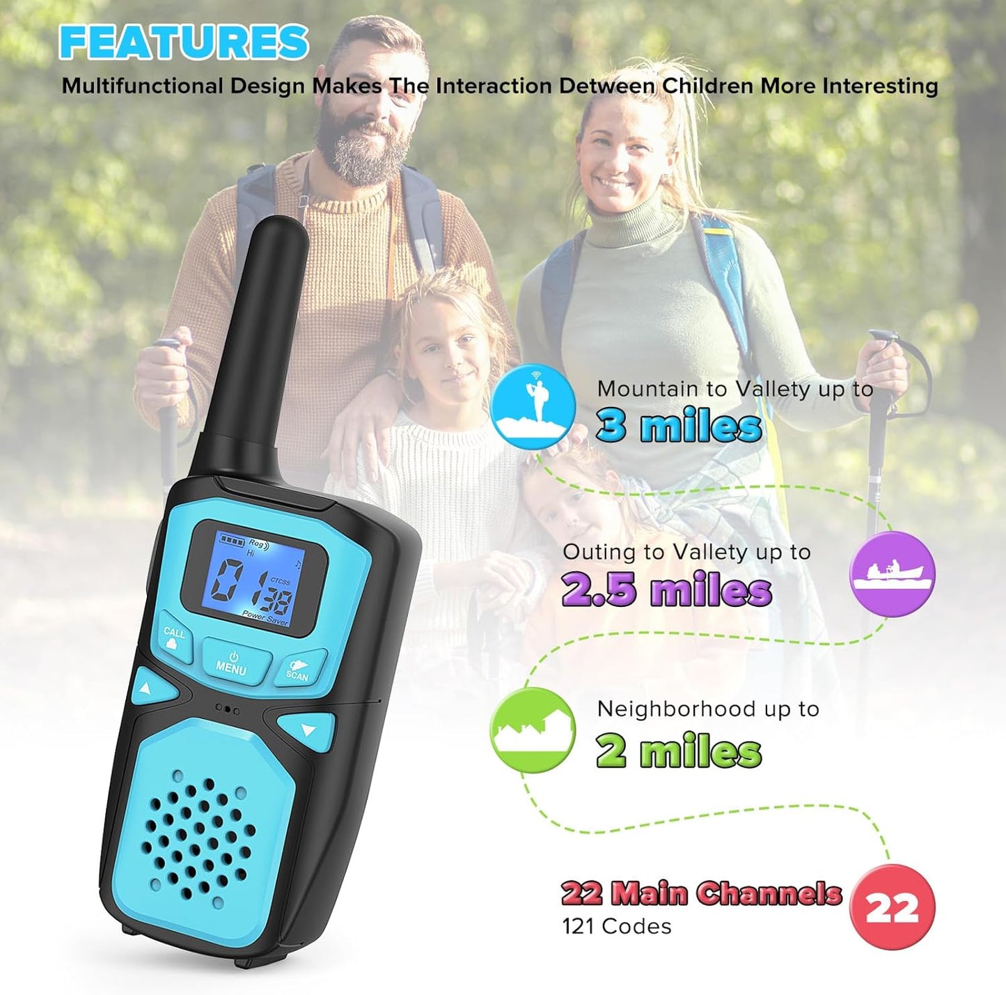 Walkie Talkies for Kids Rechargeable, 2 Pack Long Range Walkie-Talkie for Small 2 Way Radio Hands-Free Outdoor Camping, Hiking Talki with Wearable Lanyard Birthday Xmas Toys Gifts for Boys Girls Kids