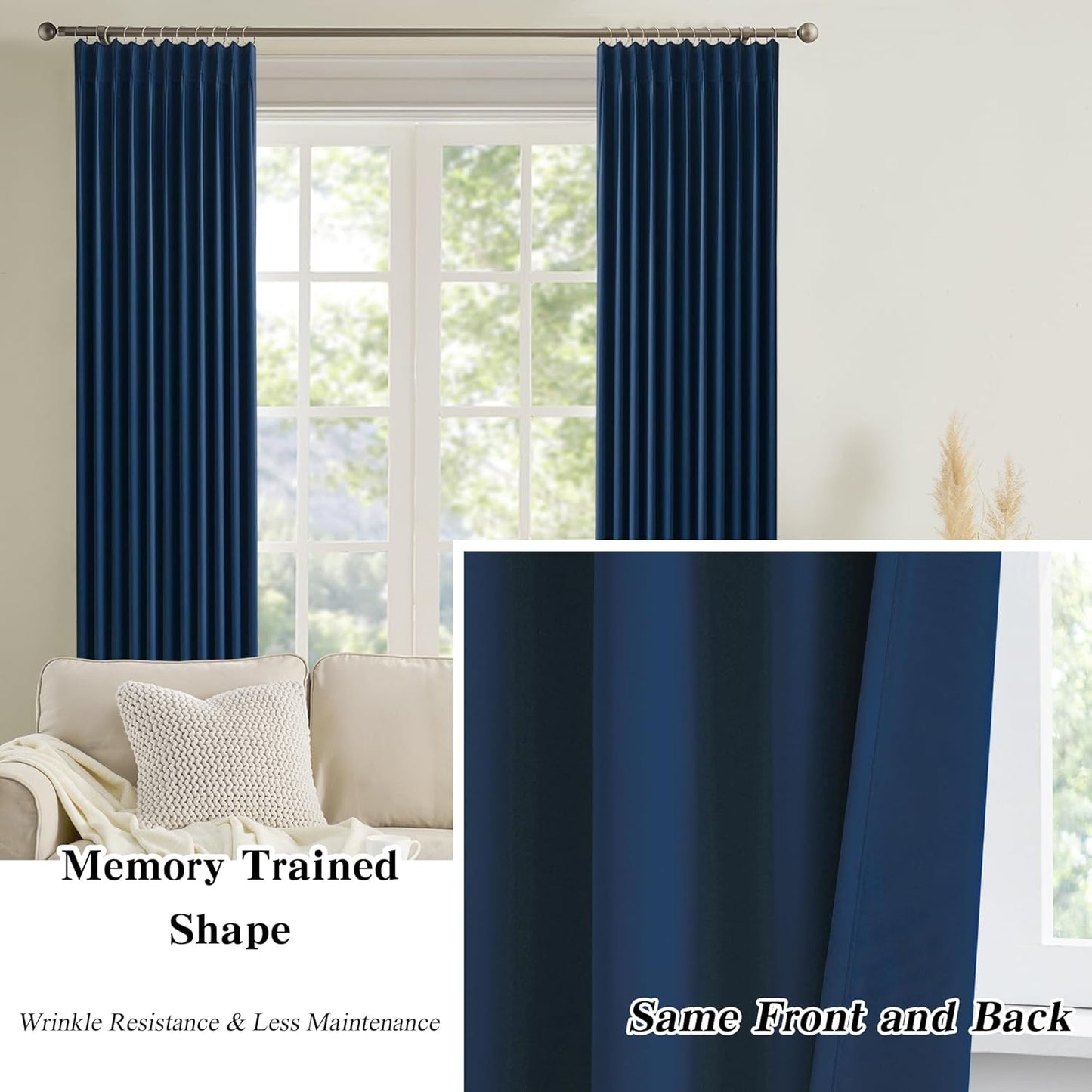 KEQIAOSUOCAI Navy Blackout Curtains 72 Wide x 95 inch Long 2 Panels - Thermal Insulated Room Divider Curtains for Bedroom/Living Room/Patio, Wide Width Pinch Pleated Curtain Panel with Hooks 72 x 95
