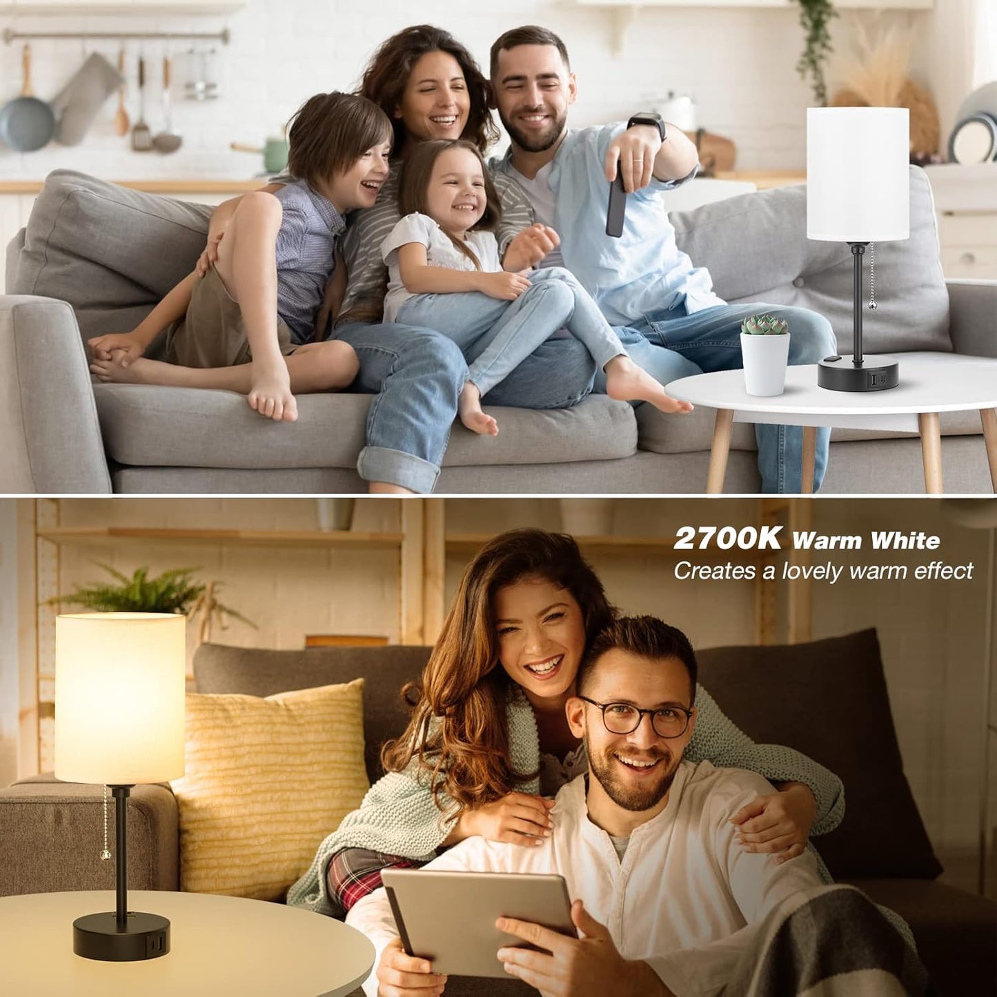 Bedside Table lamp for Bedroom Set of 2-3 Color Temperatures Small Lamps with USB C and A Ports, Pull Chain Table Lamps with AC Outlet, White Nightstand Lamps with Black Metal Base for Kids Reading