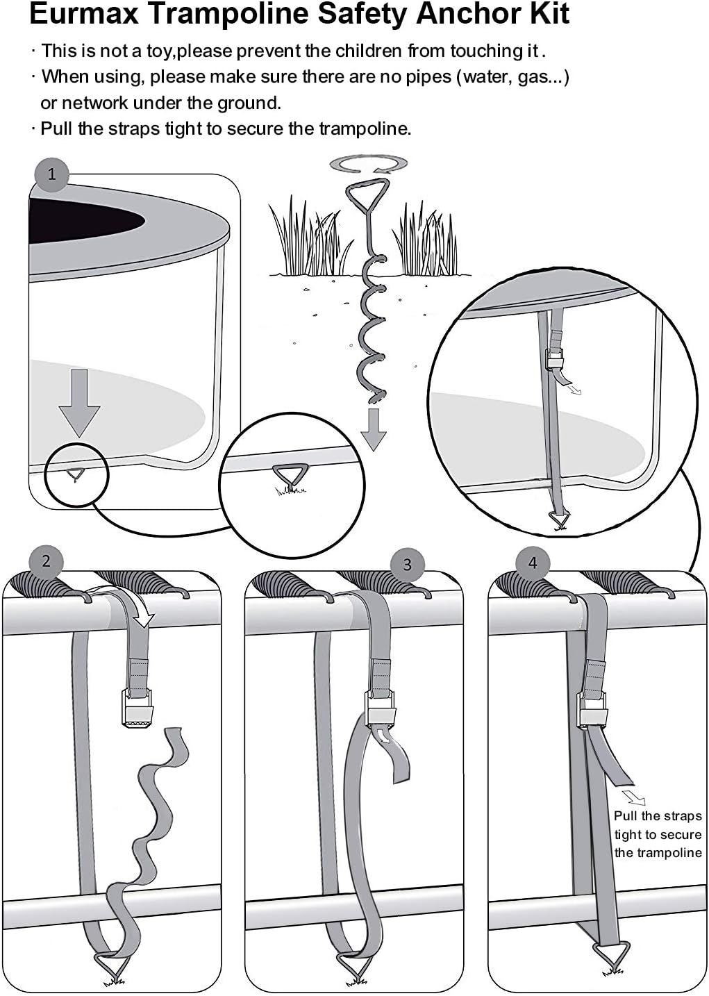 Eurmax USA Trampoline Stakes Heavy Duty Trampoline Parts Corkscrew Shape Steel Stakes Anchor Kit with T Hook for Trampolines -Set of 4 Bonus 4 Strong Belt,Black