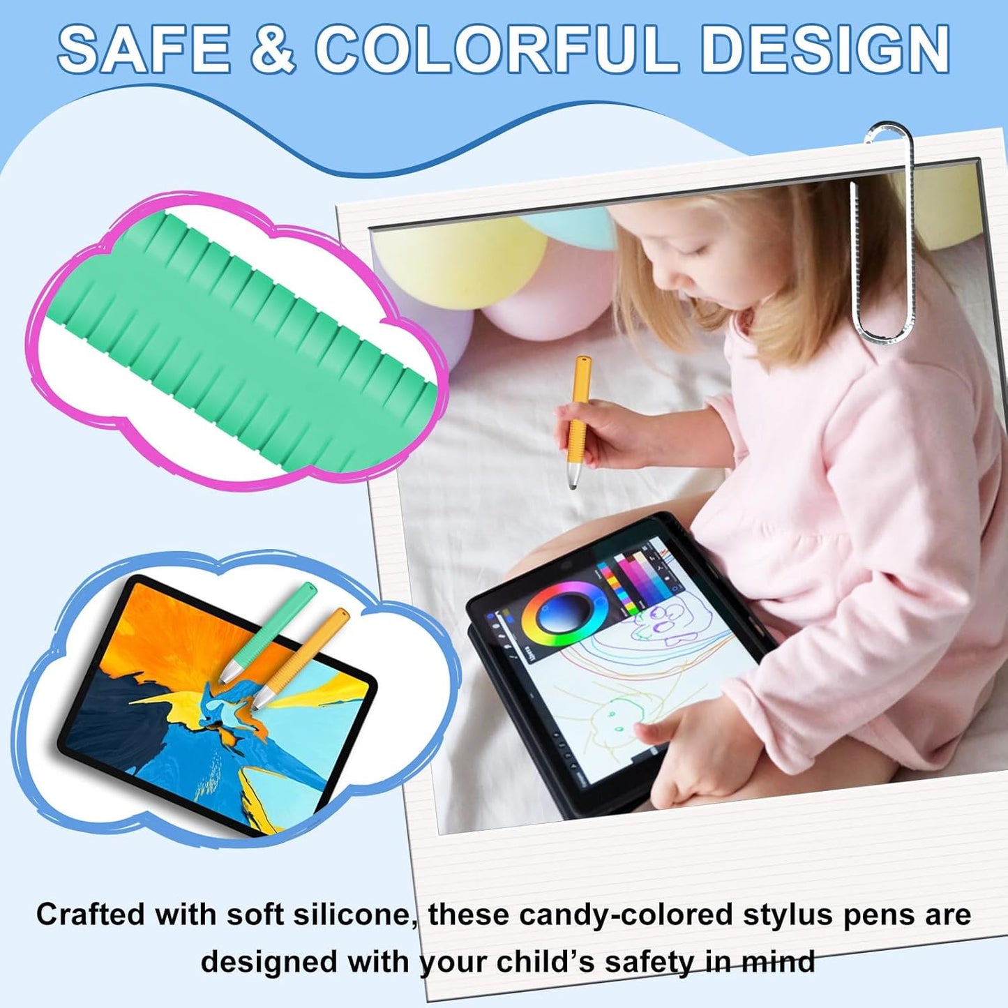 2pcs Kid-Friendly Stylus Pens for Touch Screens, Tablet Stylus Pen with Spring Cord Universal Touch Screen Capacitive Crayon Stylus Green Orange