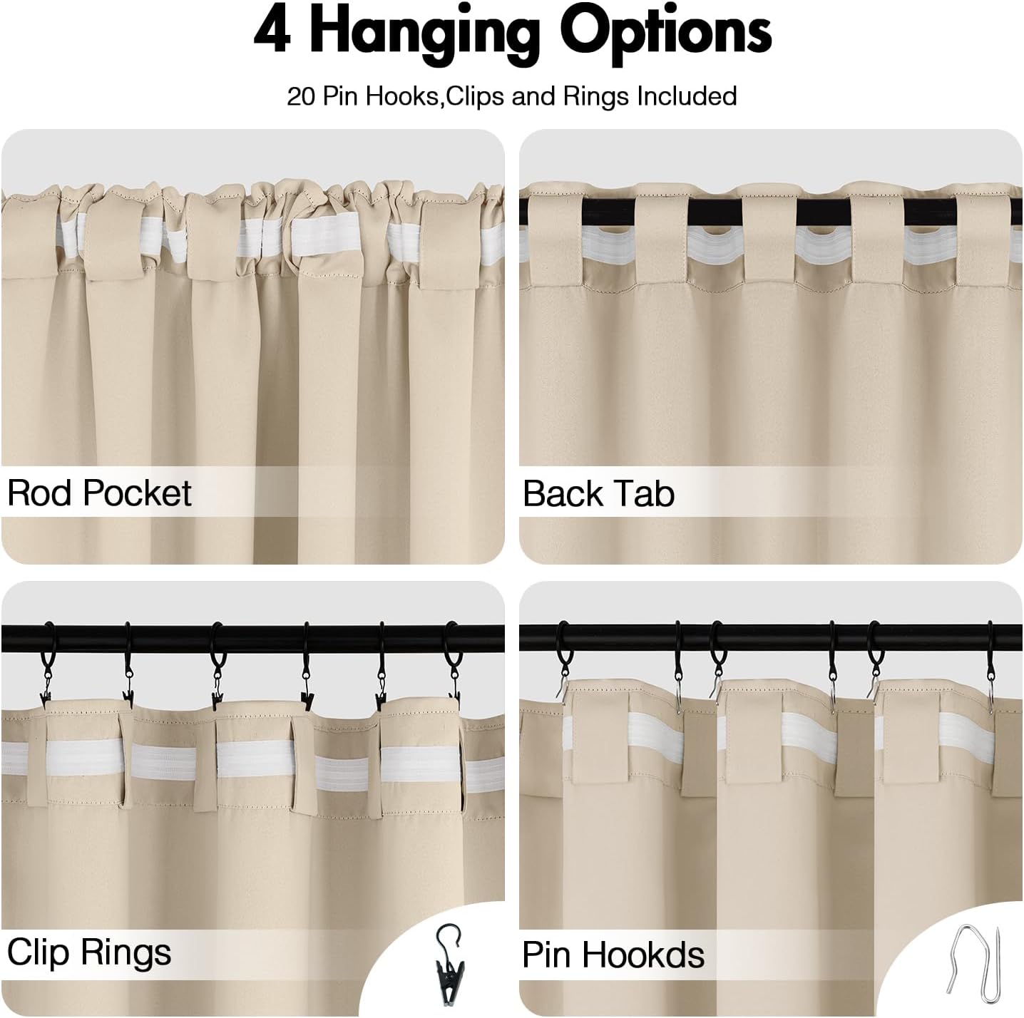 ANRODUO Back Tab Blackout Curtains for Bedroom Living Room, Rod Pocket Pinch Pleated Thermal Insulated Room Darkening Curtains 63 Inches Long 2 Panels, Cream Beige, 42 x 63 Inch