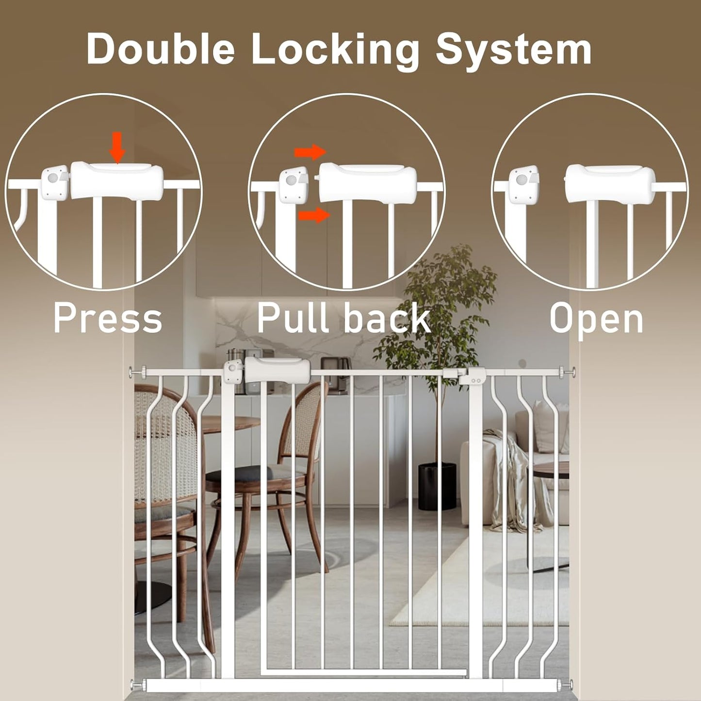 ALLAIBB Extra Wide Baby Gate Pressure Mount with Auto-Close, White Metal Safety Gate for Stairs & Doorways - Child Proof, Pet Barrier for Hallways, Kitchen, Living Room for 62.02-66.93 inch