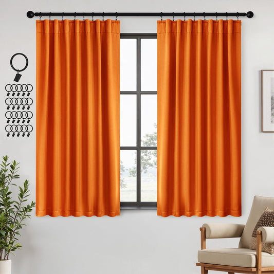 ANRODUO Back Tab Blackout Curtains for Bedroom Living Room, Rod Pocket Pinch Pleated Thermal Insulated Room Darkening Curtains 63 Inches Long 2 Panels, Orange, 42 x 63 Inch