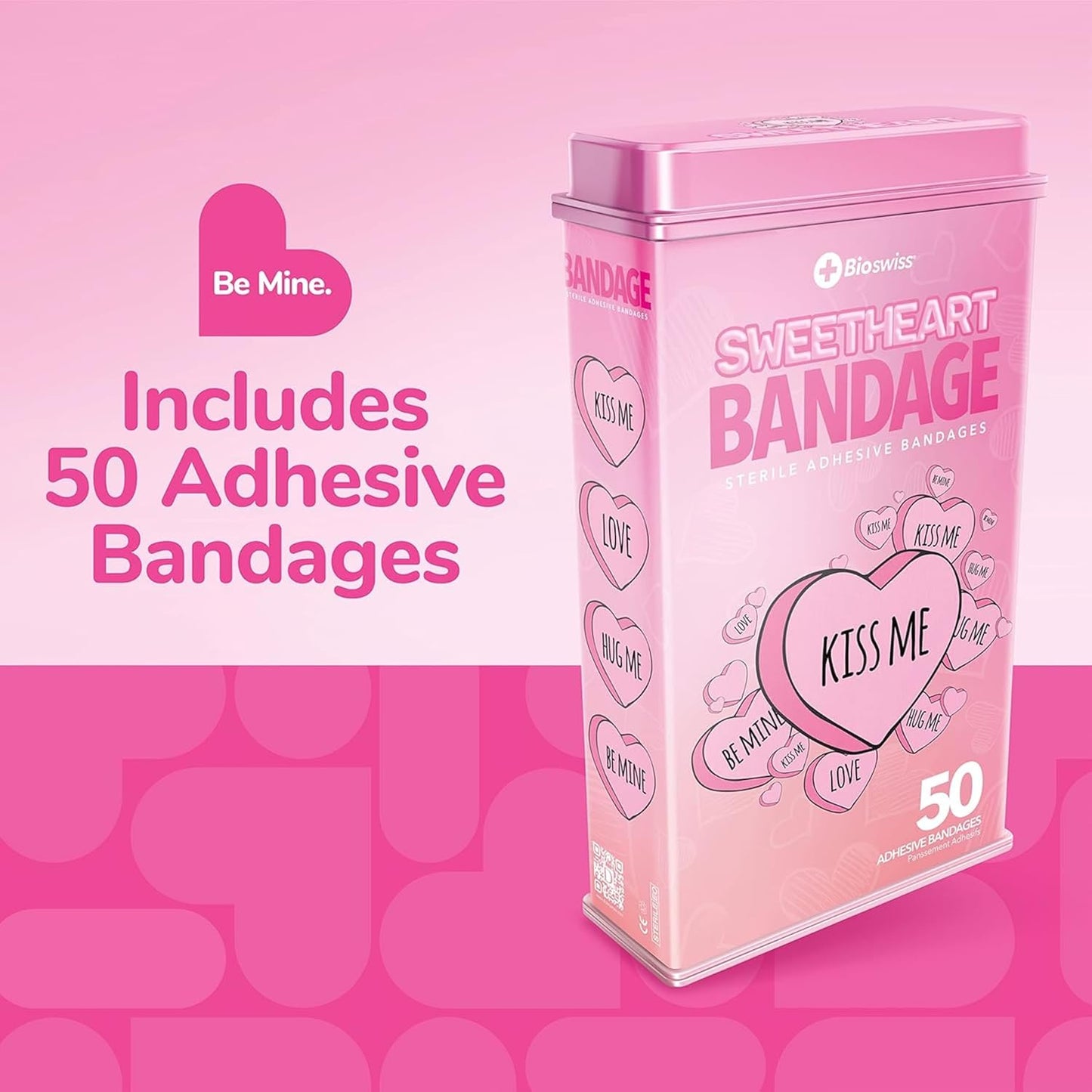 BioSwiss Bandages, Valentine Heart Shaped Self Adhesive Bandage, Latex Free Sterile Wound Care, Fun First Aid Kit Supplies for Kids, 50 Count
