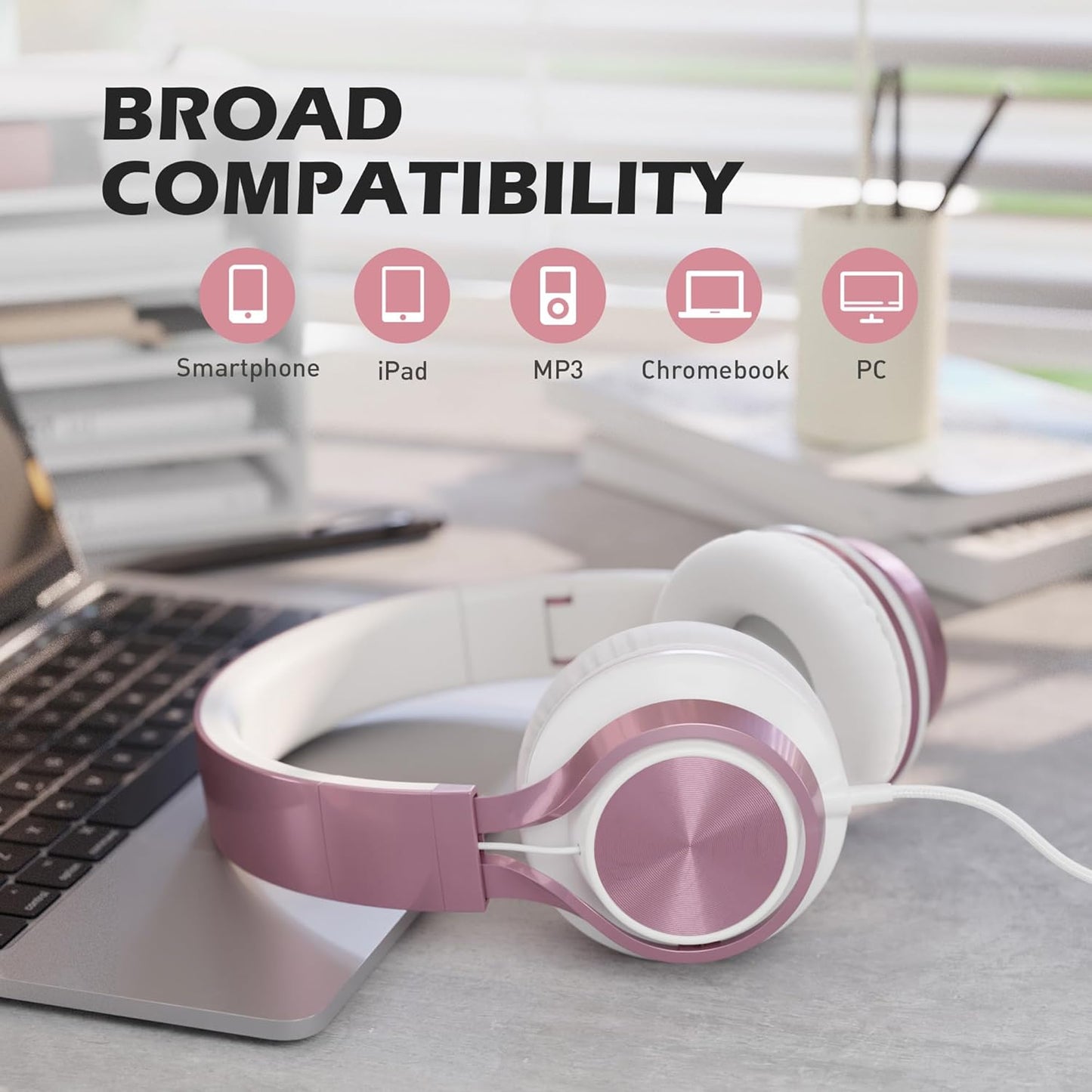 AILIHEN C8 Girls Headphones, On-Ear Headphones Wired with Microphone and Volume Control Foldable Corded Stereo 3.5mm Headset for Girls School Chromebook Laptop Computer PC Tablets Travel (Rose Gold)