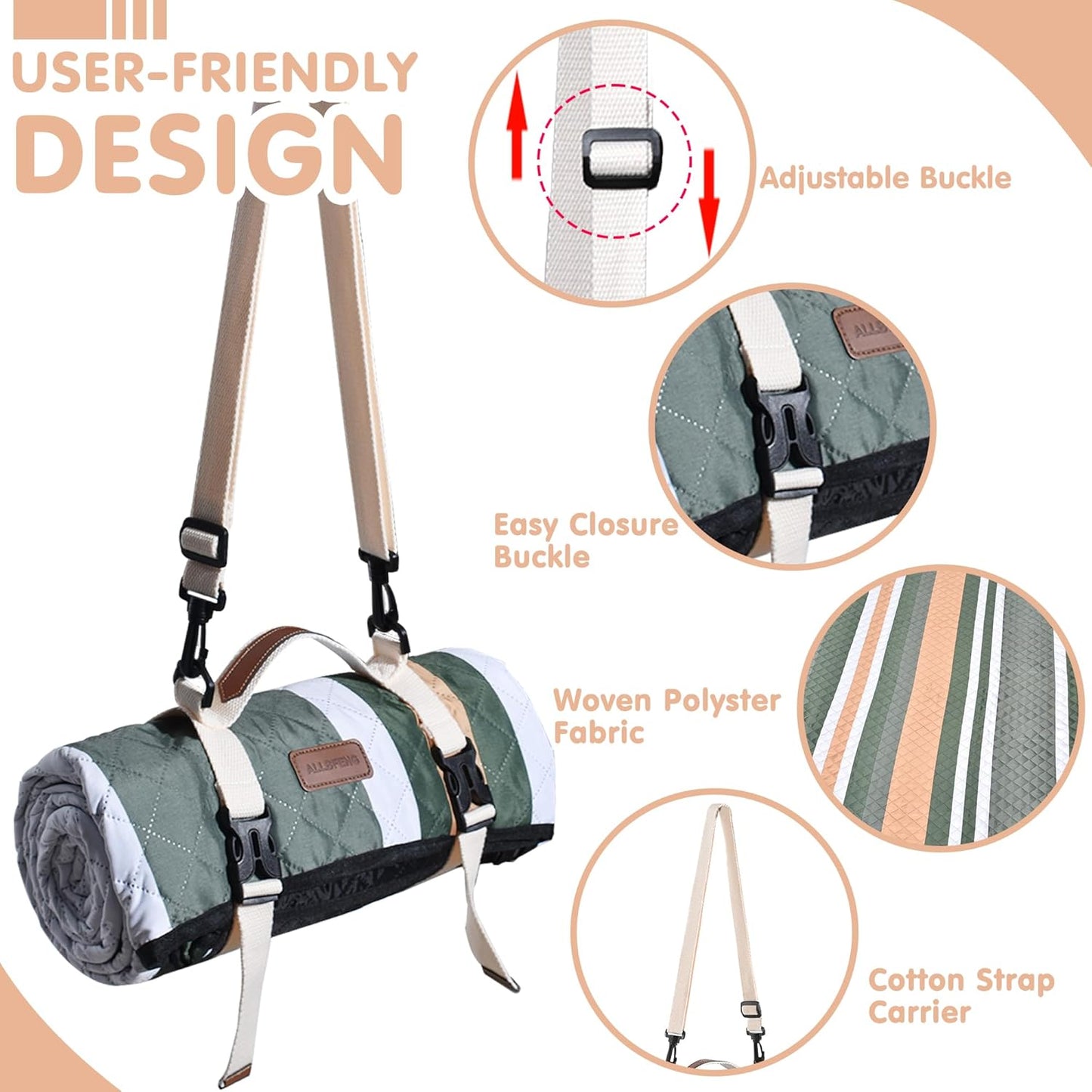 Waterproof Picnic Blanket 80" x 60" in Portable with Carry Strap for Beach Mat or Family Outdoor Camping Party, Park Blanket for Grass Park Hiking Travel, Concerts (Dark Green&White&Orange, 80" x 60")