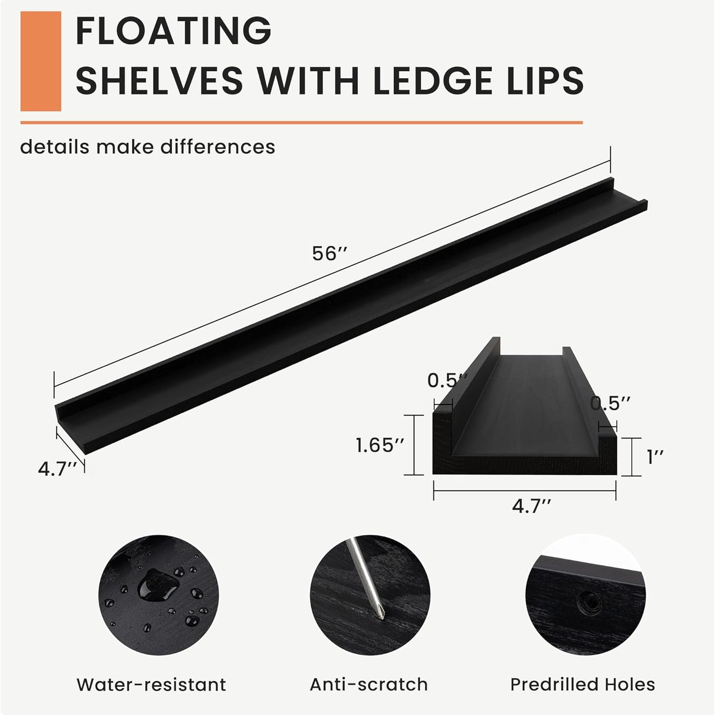 Solid Ash Wood Picture Ledge Shelf, Floating Shelves Set of 2, 56 Inch Long Large Ledge Shelves, Nursery Book Shelves Wall Mounted for Living Room Bedroom Kitchen Decor Kids Bookshelf, Black