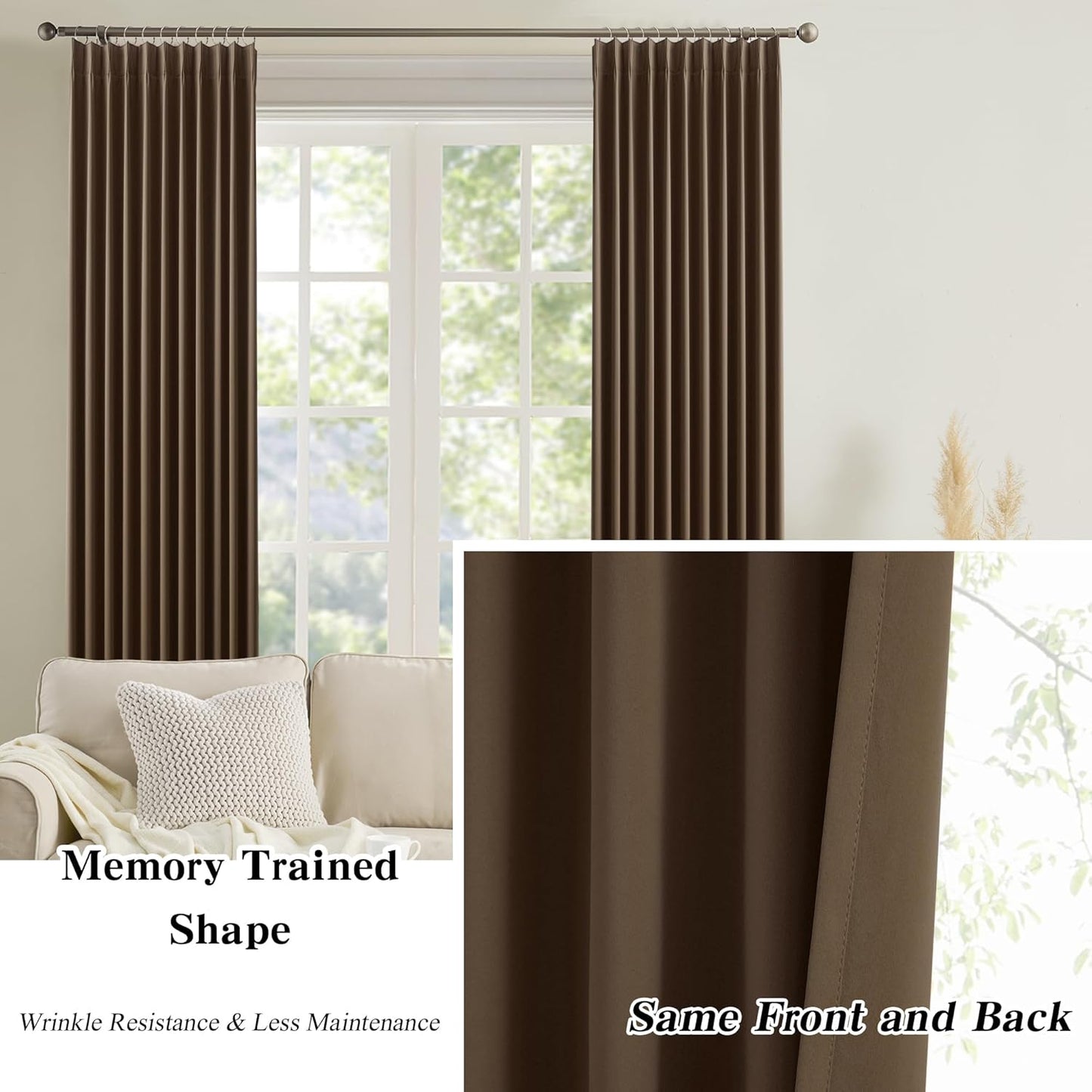Brown Blackout Curtains 132 Inches Long 11 feet Tall, Extra Long Pinch Pleats Living Room Curtains Thermal Pleated Curtains Panels Drapery for Home, Hotel, Office, 40" W x 132" L, Set of 2