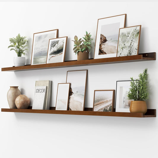 Picture Ledge Shelf, Floating Shelves Set of 2, Solid Pine Wood 72'' Long Large Nursery Book Shelves for Toys Storage, Kids Bookshelf for Living Room Bedroom Decor Books Photo Frames, Walnut