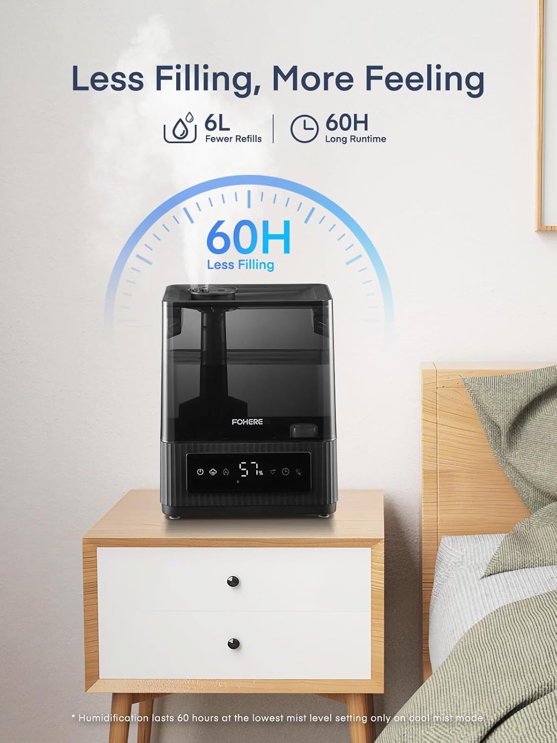 FOHERE Smart Humidifiers for Bedroom, 6L Warm and Cool Mist Quiet Humidifier with 60H Runtime, Humidity Control, Oil Diffuser, Sleep Mode, 12H Timer, Light, Top Fill Ultrasonic for Home Baby Plant
