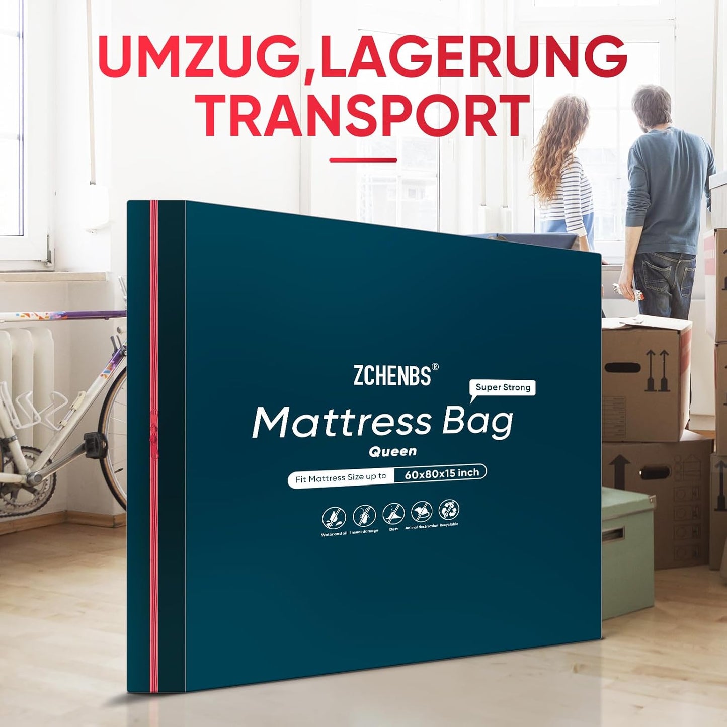 ZCHENBS® – Mattress Bags for Moving and Storage,Mattress Bag with Zippers,5 Mil Ultra-Thick Bed Bag,Waterproof,Anti-Tear,Heavy-Duty Mattress bag (Black, Queen-(1 Pack))