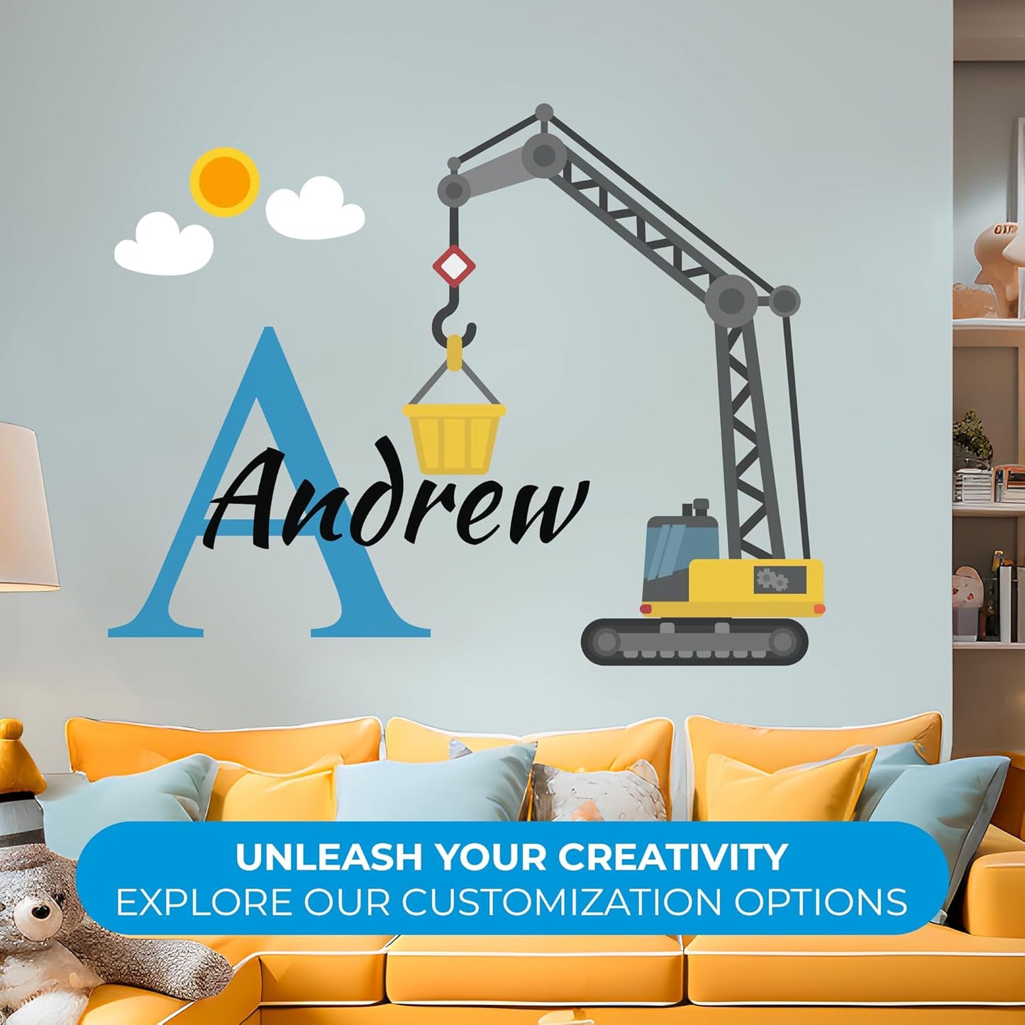 CRYPTONITE Custom Toddler Construction Crane Wall Decal I Personalized Name & Initial I Nursery Decor I Polyvinyl Chloride Sticker - Made in USA (Medium, Multicolor Options)