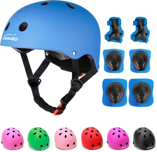 KAMUGO Kids Adjustable Helmet, with Sports Protective Gear Set Knee Elbow Wrist Pads for Toddler Age 2-8 Boys Girls, Bike Skateboard Hoverboard Scooter Rollerblading Helmet Set