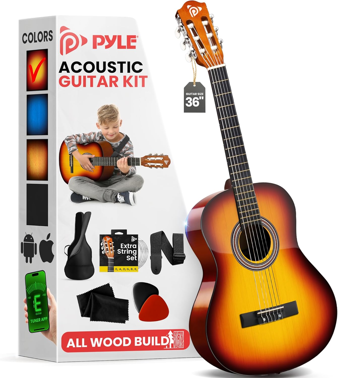 Pyle 6 String Acoustic Guitar, Right, 6 Brown Burst, Gloss, 36" (PGACLS82BB)