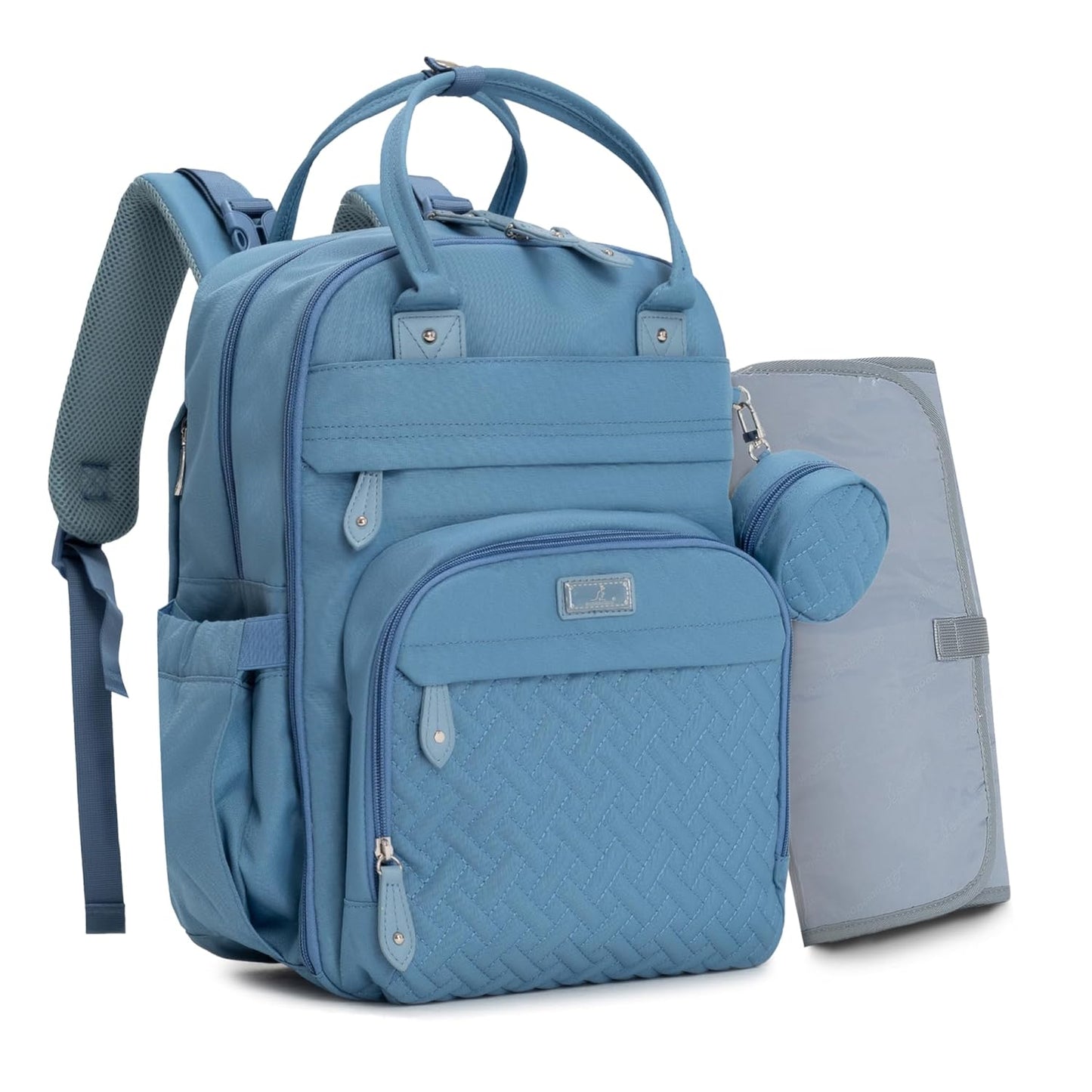 BabbleRoo Diaper Bag Backpack - Baby Essentials Travel Tote - Multi function Waterproof Diaper Bag, Travel Essentials Baby Bag with Changing Pad, Stroller Straps & Pacifier Case - Unisex, Light Blue
