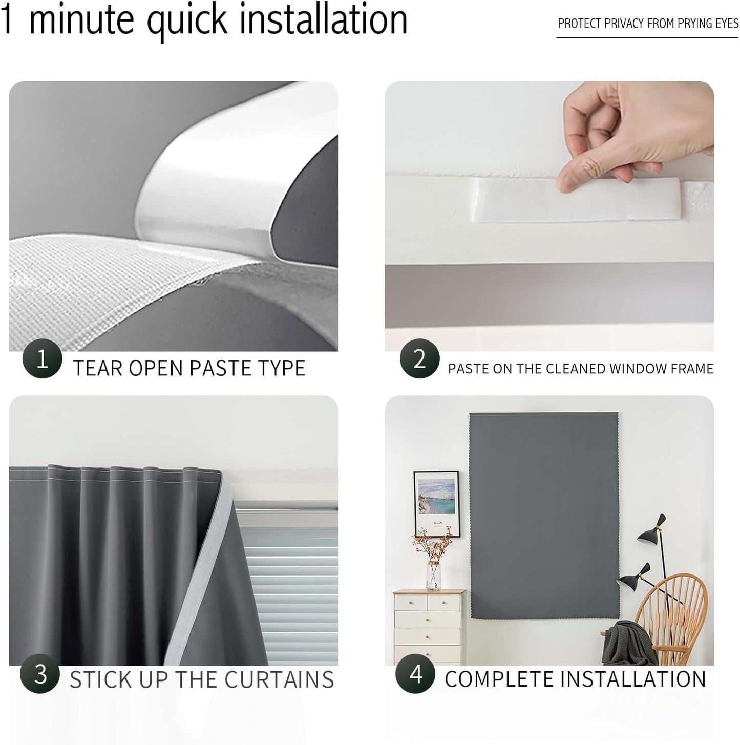 Magic Tape Stick On Curtains Window Shades Pull Down Blackout Window Cover Blackout Curtains for Bedroom No Drillng Self Adhesive Curtains No Rod, 35" W X 59" L, Grey, 1 Panel