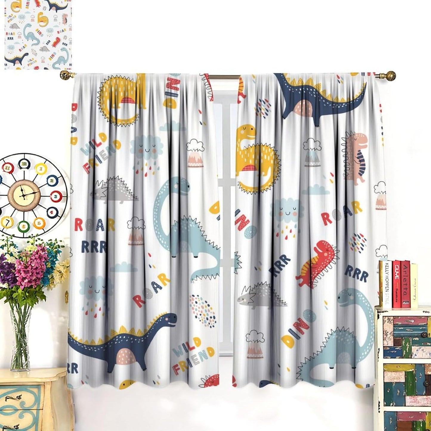 Cartoon Dinosaur Curtains for Kids Boys Girls Home Decor Colorful Cute Dino Animals Print Pattern Rod Pocket Blackout Window Drapes for Nursery Baby Bedroom Playroom W21xL63in 2 Panels