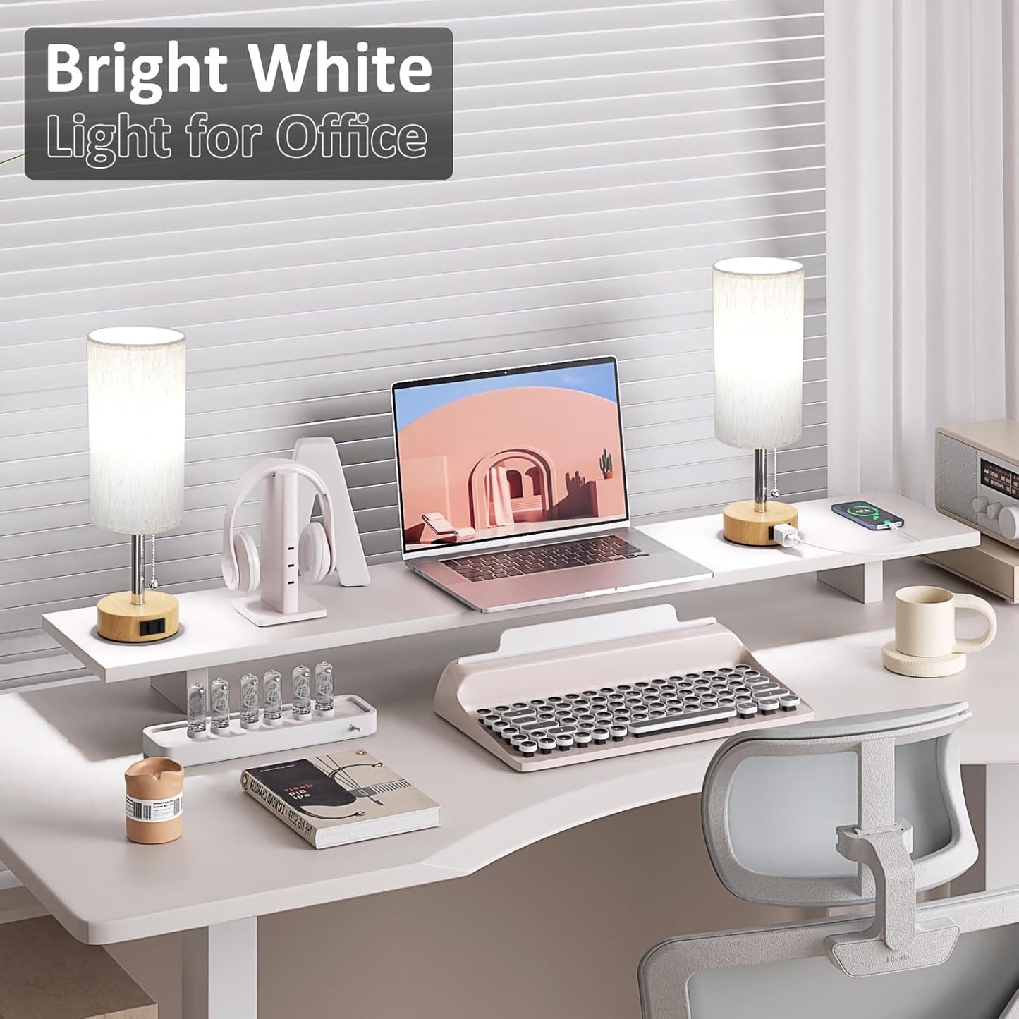 Wood Grain Bedside Table Lamps Set of 2-3 Color Temperatures Pull Chain Lamp with AC Outlet Charging Port, Round Night Stand Lamps for Bedroom Office, Small Bed Light with E26 LED Bulbs