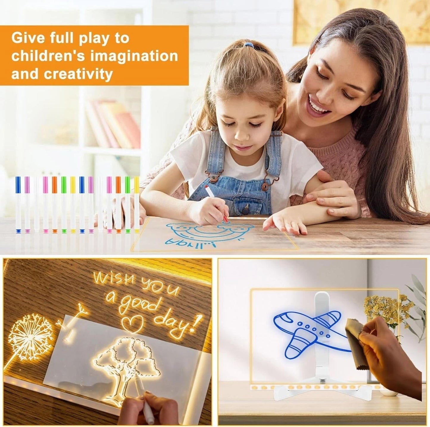 LED Note Board with Colors, 7 Colors Acrylic Message Board with Light, LED Drawing Board Gifts for Kids, Dry Erase Board with Adjustable Stand for Office School Home Decor (7.87 * 11.81 in)