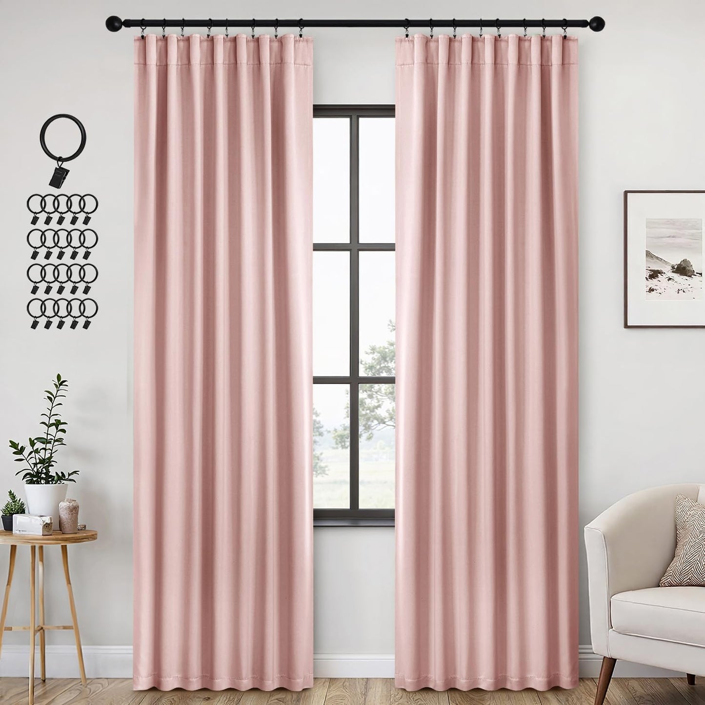 ANRODUO Light Pink Blackout Curtains for Girls Bedroom Living Room, Back Tab Rod Pocket Pinch Pleated Thermal Insulated Room Darkening Curtains 90 Inches Long 2 Panels, 42 x 90 Inch