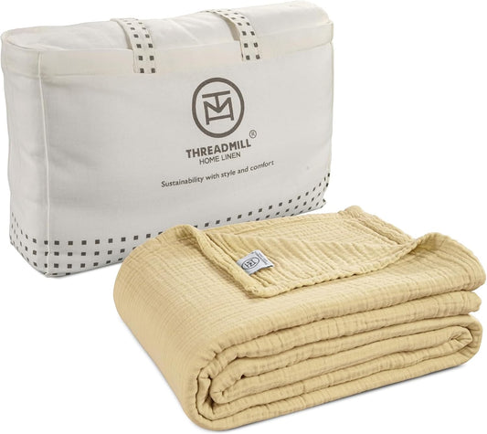 Threadmill Summer Muslin Blankets Queen Size | 100% Cotton 4 Layer Gauze Blanket | Soft, Breathable and Cozy Blanket | Cozy, Lightweight Blankets for Bed Seasons | Beige