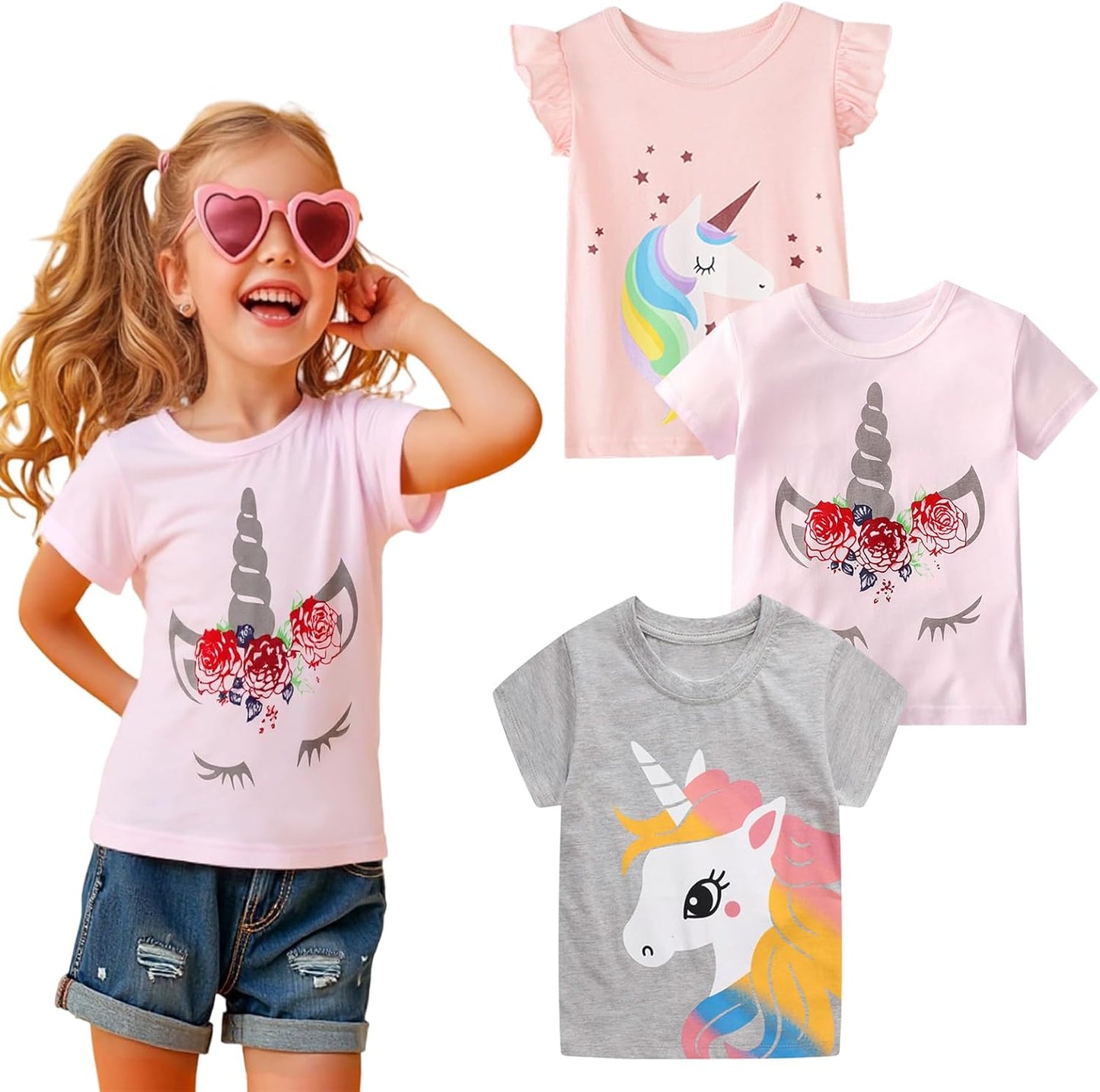 HILEELANG Girls' Tees Ruffle Short Sleeve T-Shirt Cotton Casual Graphic Summer Crewneck Tunic Tops