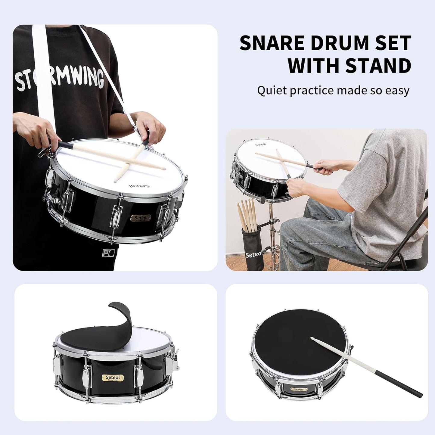 Snare Drum Kit, 14" x 5.5" Marching Snare Drum + Storage Padded Bag + Silent Mute Pad + Pair Of 5A Drumsticks + Drums Key, Portable Drums Hardware Set for Adults Kids Student Beginners (Black)