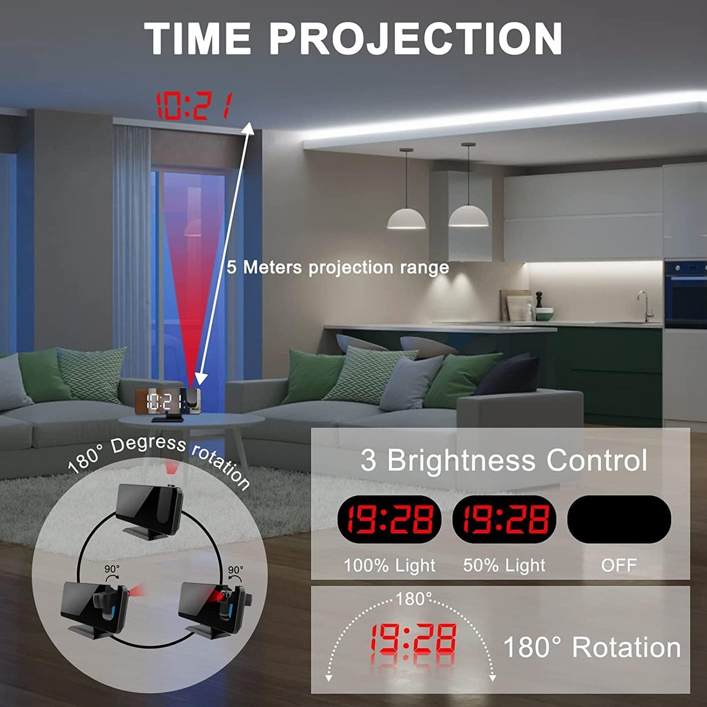 Projection Alarm Clock for Bedrooms Ceiling, Digital Clock Radio with USB Charger Port, Temperature & Humidity Display, 7.3” Large LED Display,12/24H,Snooze,Dual Loud Clock- 4 Dimmer