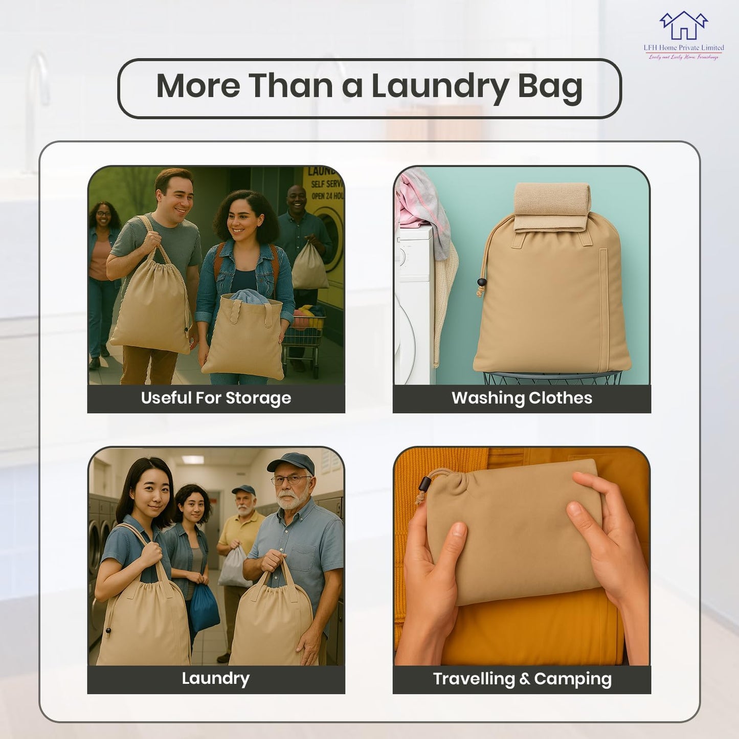 LFH Home Cotton Canvas Large Laundry Bag with Handle, Heavy Duty Drawstring Closure Washable Laundry Bags, School Travel, Home, Hotel, College Dorm, Organizer Sack, Toys Clothes 24x36-Beige