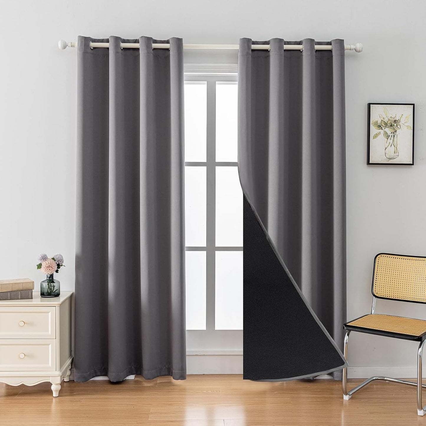Anytime 100% Blackout Curtain Set, Thermal Insulated & Energy Efficiency Window Draperies for Guest Room, Full Shading Panels for Shift Worker and Light Sleepers（Grey, 2 Panels, 52W x 108L）