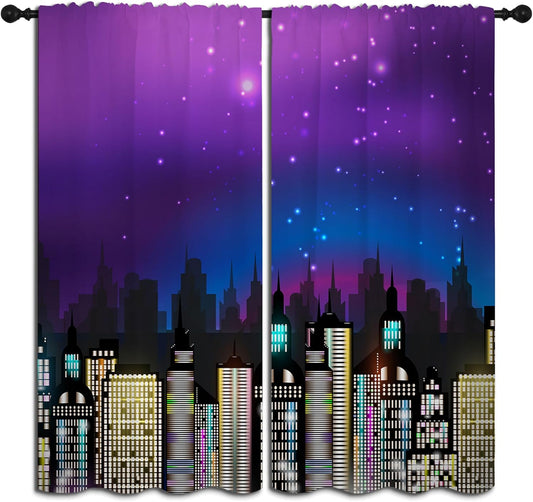 Superhero Rod Pocket Blackout Curtains for Boy Girl Bedroom, Super City Skyline Buildings Night Panorama Thermal Insulated Home Window Drapes for Living Room Darkening, 42x45 inch