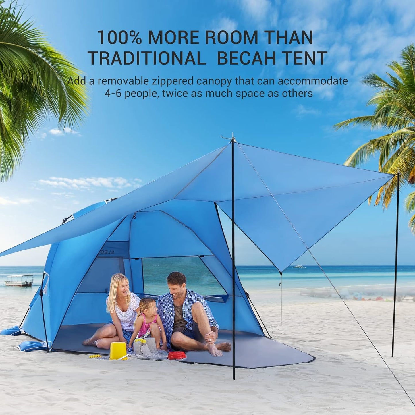 Elegear Beach Tent with Canopy, 1-Second Setup Pop Up Sun Shelter Shade, UPF 50+ UV Protection Silver-Coated Lightweight Portable Beach Cabana