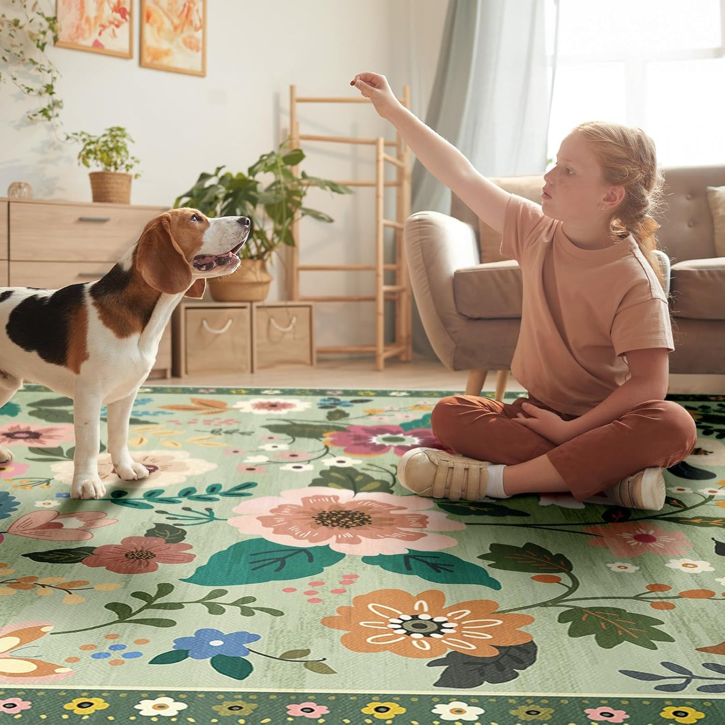 Floral 9x12 Area Rug Machine Washable Soft Print Boho Carpet Non Slip Doormat Low Pile Flower Area Rugs for Living Room Bedroom Nursery Kitchen Dining Room Indoor-Light Green