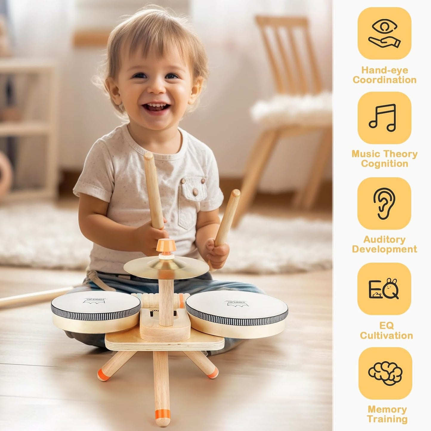 Toddler Drum Set - 5 in 1 Wooden Musical Toys for Toddlers 3+, Montessori Toys for Baby Boy Girls Easter Birthday Gifts for Kids Age 3 4 5 6