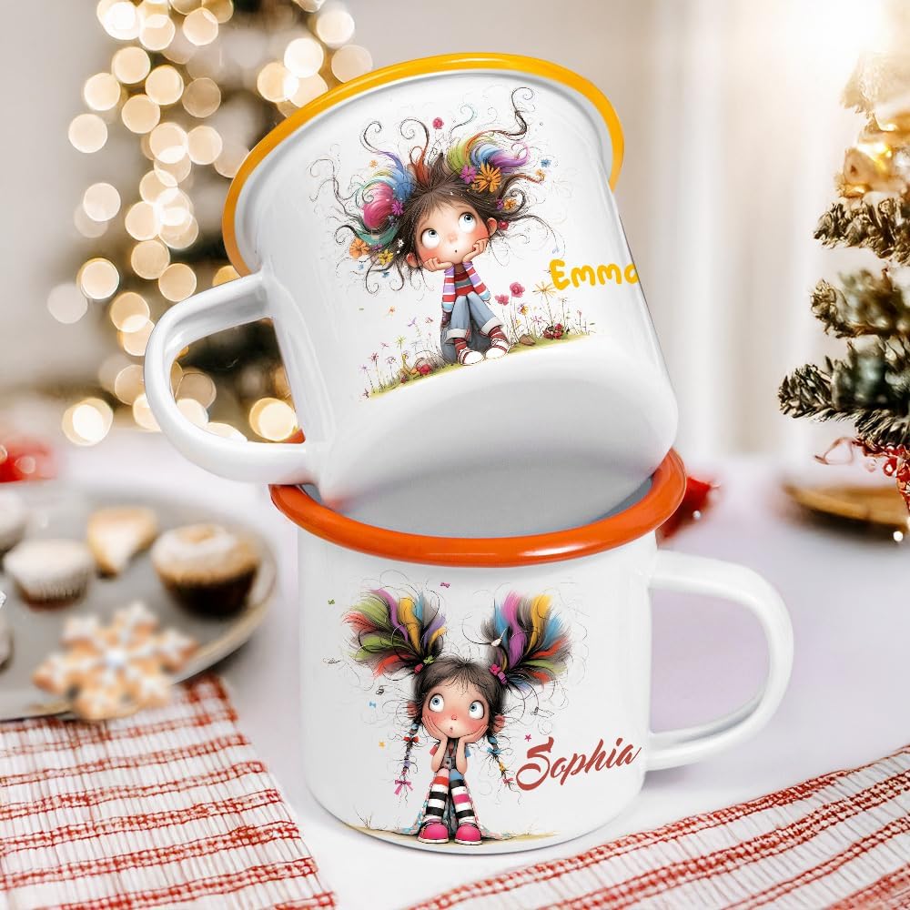 Personalized 12 oz Enamel Mug with Name - Custom Camping Coffee Mugs for Home, Work, Travel, Camping - Birthday Christmas Gift for Family Friend (Cute Quirky Girl)