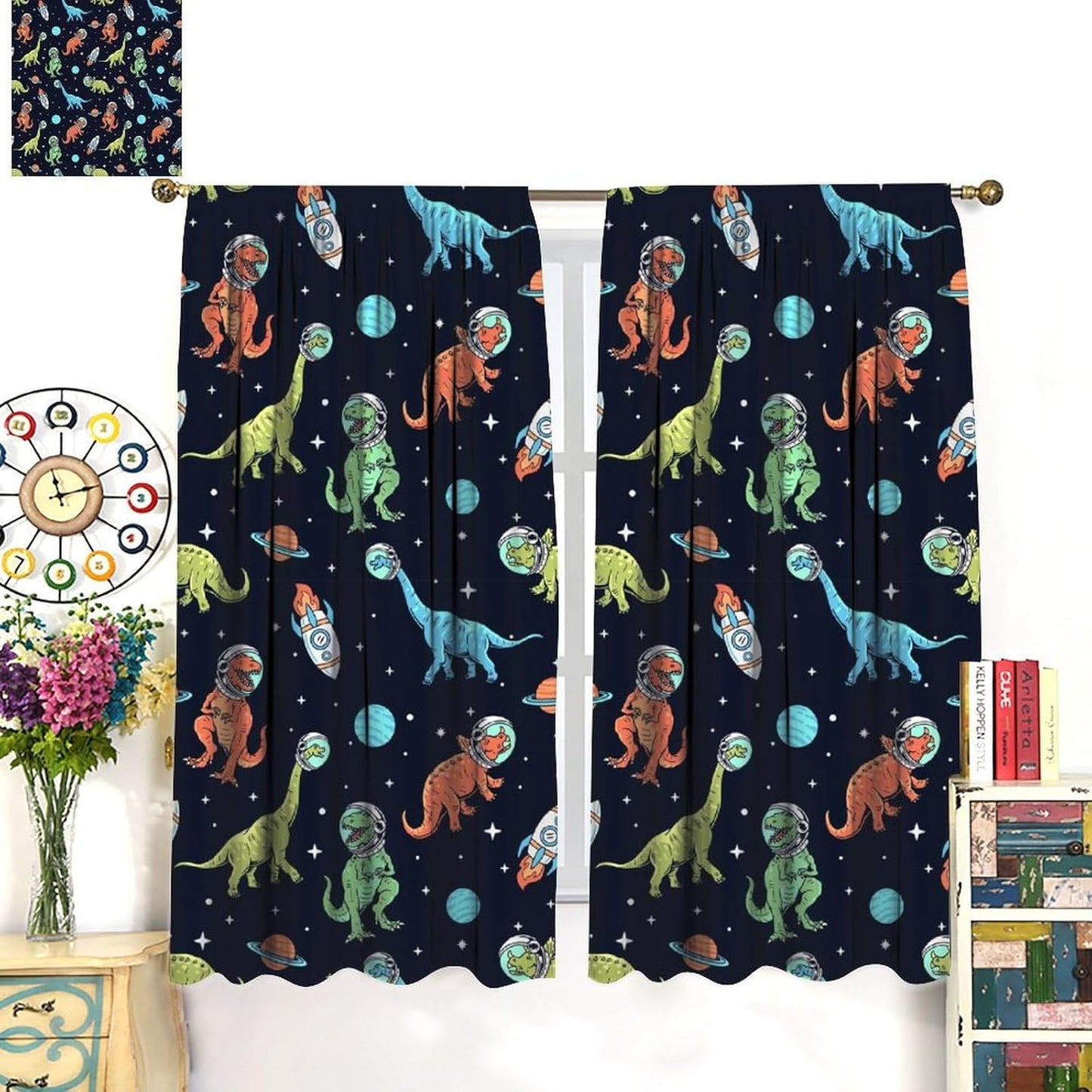 Cartoon Dinosaur Curtains for Kids Boys Girls Home Decor, Astronaut Rocket Funny Outer Space Blackout Rod Pocket Window Drapes for Bedroom Living Room W36xL63in 2 Panels