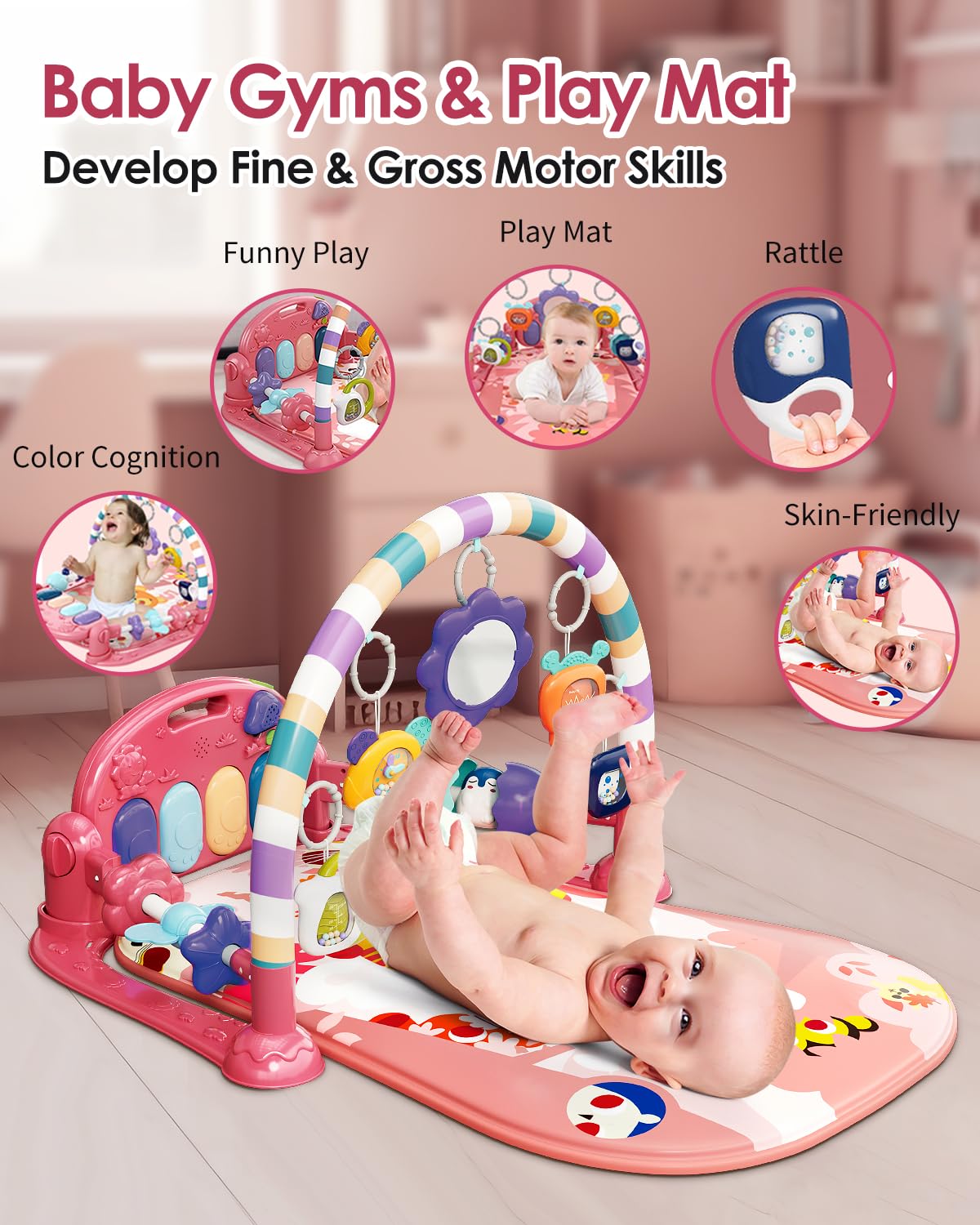 dearlomum Baby Play Mat Baby Gym,Funny Play Piano Tummy Time Baby Activity Mat with 5 Infant Sensory Baby Toys, Music and Lights Boy & Girl Gifts for Newborn Baby 0 to 3 6 9 12 Months (Pink)