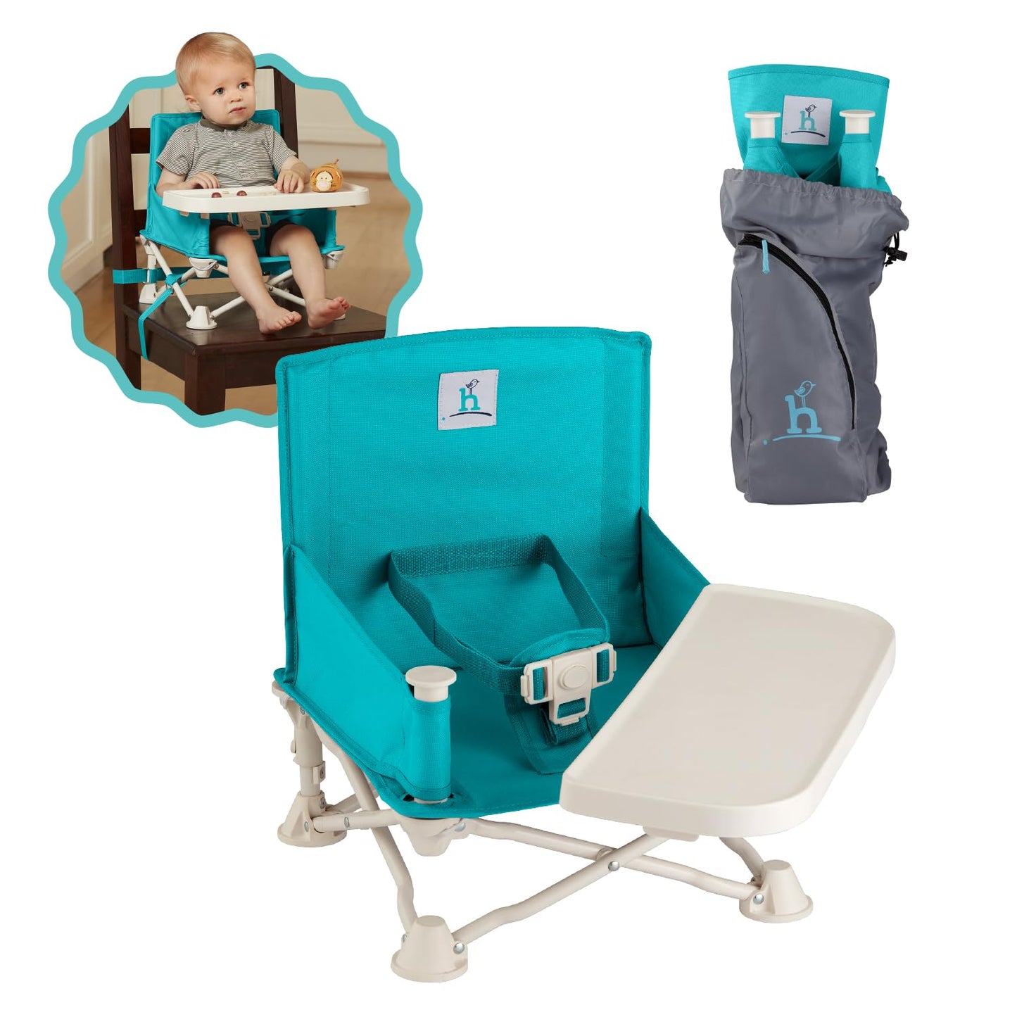 Hiccapop OmniBoost Travel Booster Seat with Tray for Baby | Folding Portable Baby Booster Seat for Dining Table, Camping, Beach, Grandma’s | Tip-Free Design Straps to Kitchen Chairs - Booster Chair