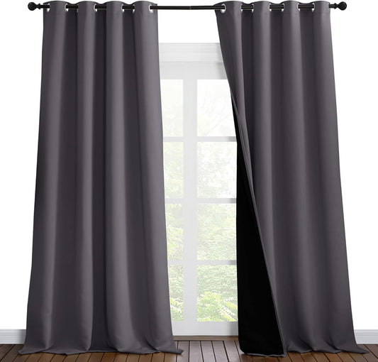 NICETOWN 100% Blackout Blinds, Laundry Room Decor Window Treatment Curtains for Large Patio Sliding Door, Thermal Insulated Grey Curtains for Bedroom, Set of 2, 55 inches x 102 inches