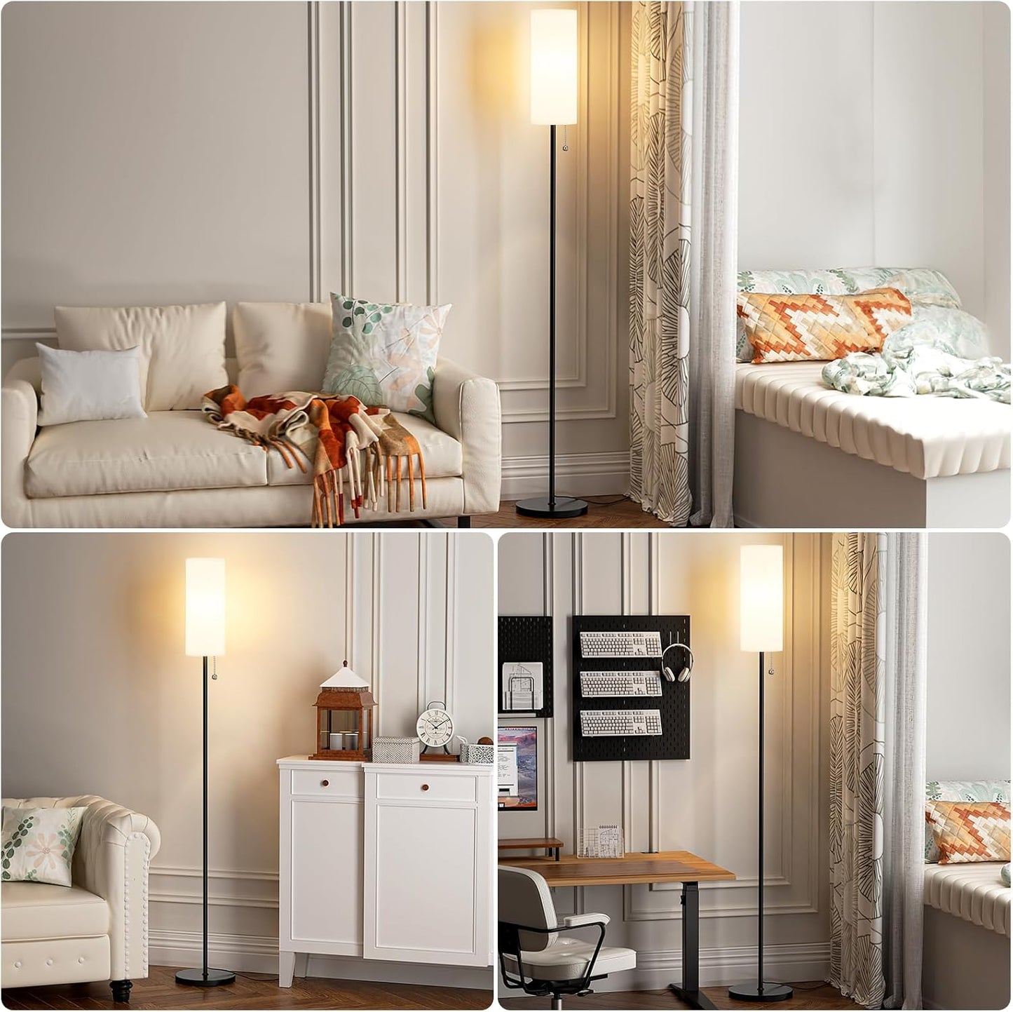 Ambimall Floor Lamp for Living Room with 3 Color Temperatures Bulb, 64" Standing lamp with Linen lampshade for Bedroom, Minimalist Pole Lamp, White Shade & Black Pole