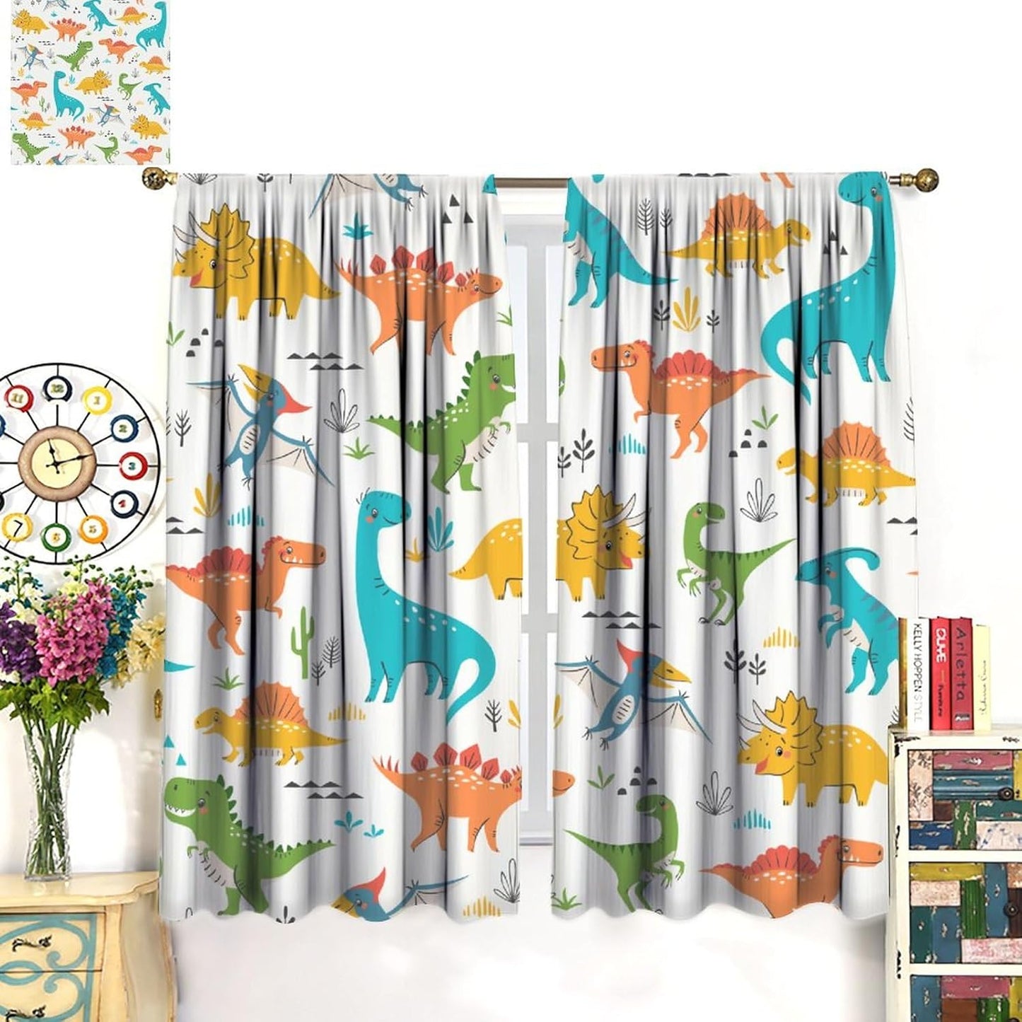 Kids Dinosaur Curtains for Boy Girl Bedroom Decor Cartoon Dino Colorful Cute Funny Animal Wildlife Printed Blackout Rod Pocket Window Drapes for Baby Nursery Playroom Living Room W31.5xL63in 2 Panels