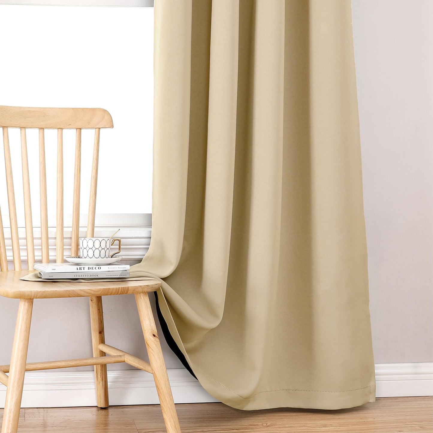 ChrisDowa 100% Blackout Curtains for Bedroom with Black Liner, 2 Thick Layers Total Blackout Thermal Insulated Grommet Window Curtains 2 Panels Set (Beige, 52 x 45 Inch)