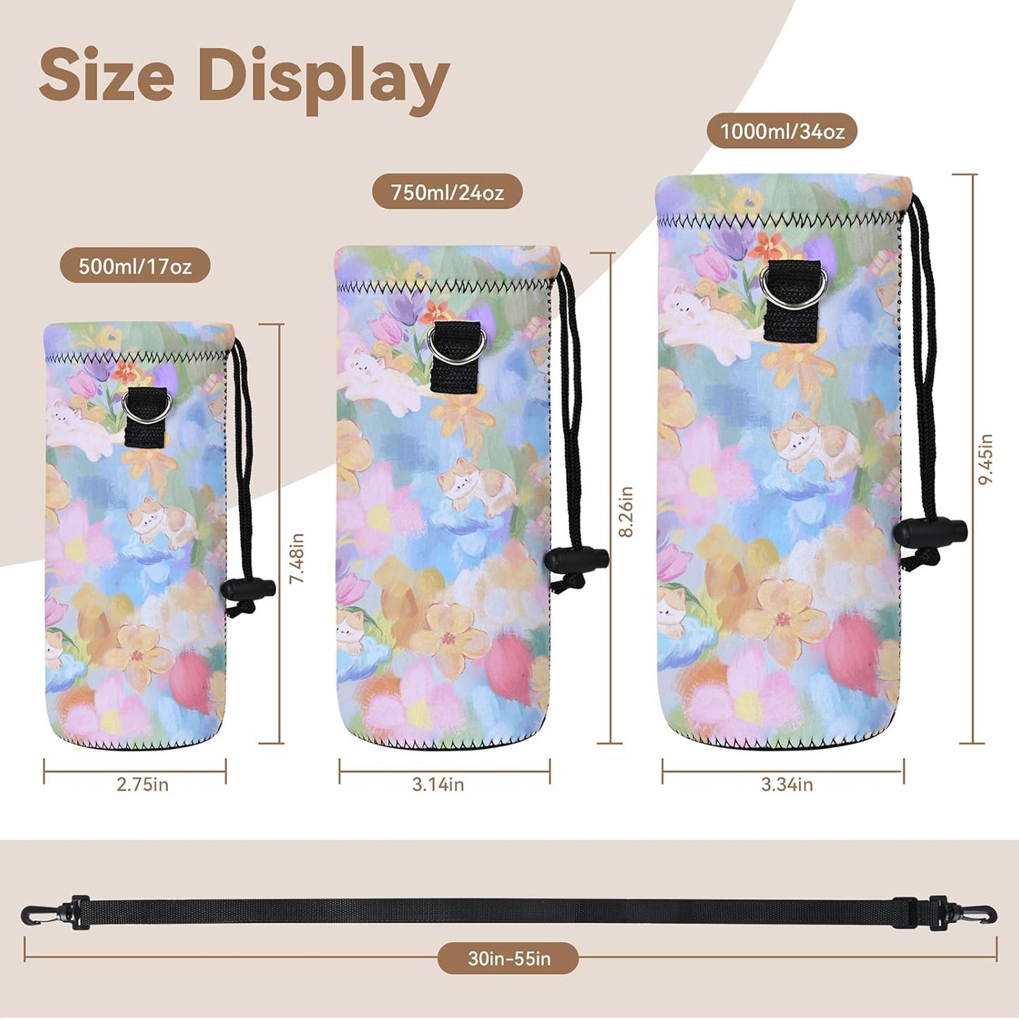 AUPET Water Bottle Sling Bag Carrier Crossbody Sleeve,Insulated Neoprene Bottle Case Holder Pouch Cover 500ML/17oz with Shoulder Strap for Walking Women Men