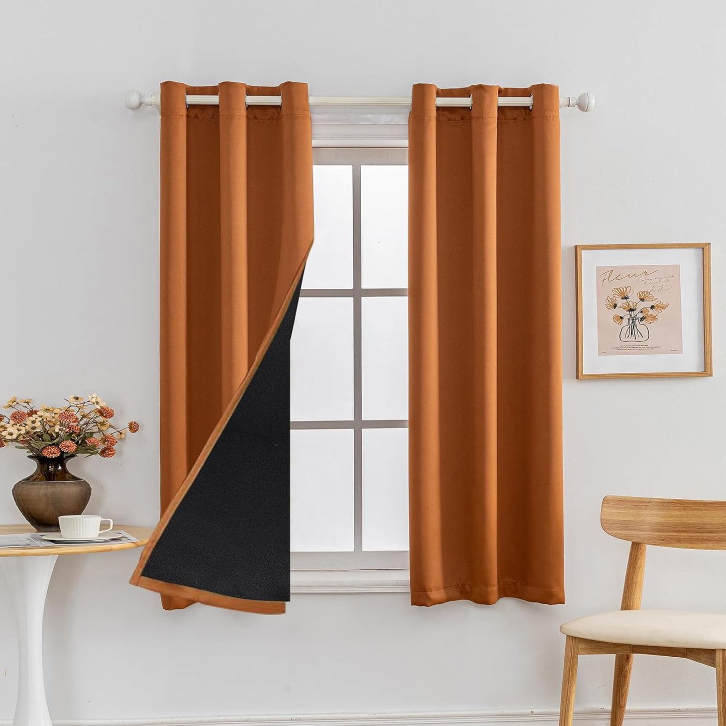 Anytime 100% Blackout Curtain Set, Thermal Insulated & Energy Efficiency Window Draperies for Guest Room, Full Shading Panels for Shift Worker and Light Sleepers（Orange, 2 Panels, 37W x 63L）